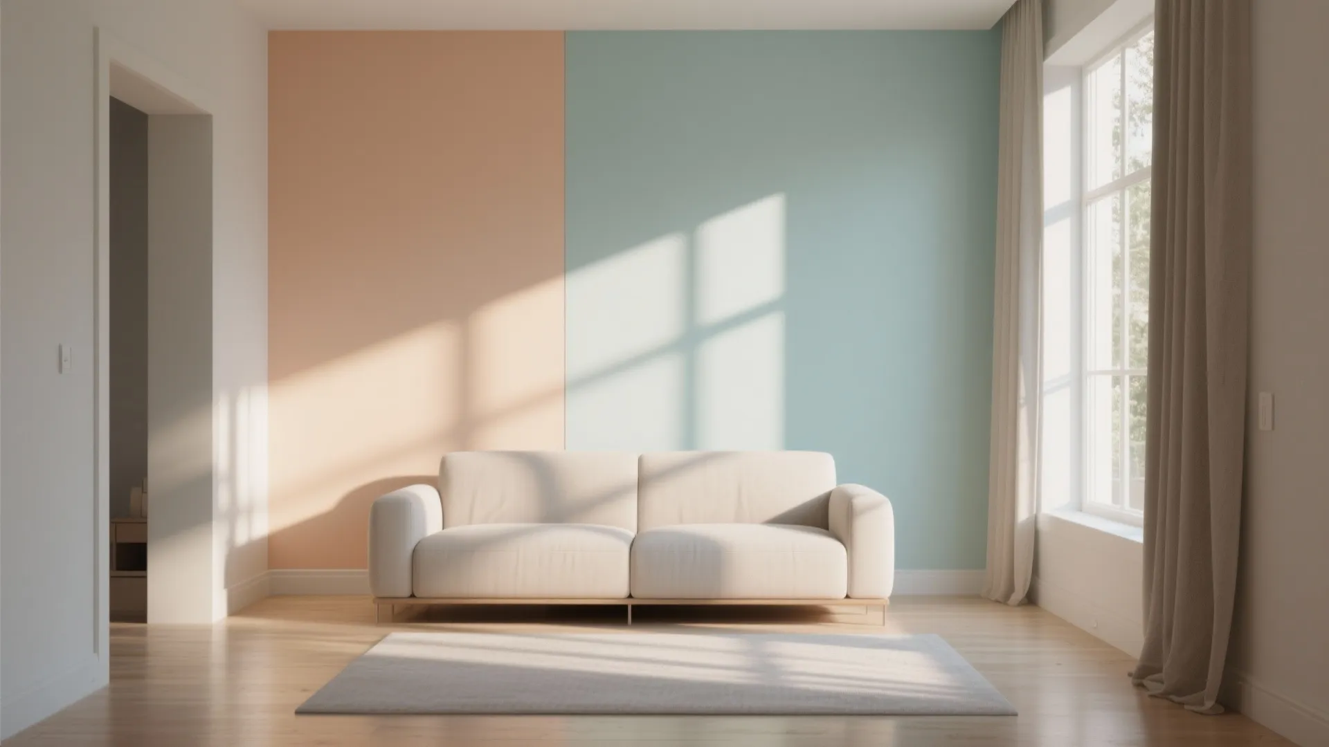 Modern living room with a cream sofa and a wall painted in orange and blue