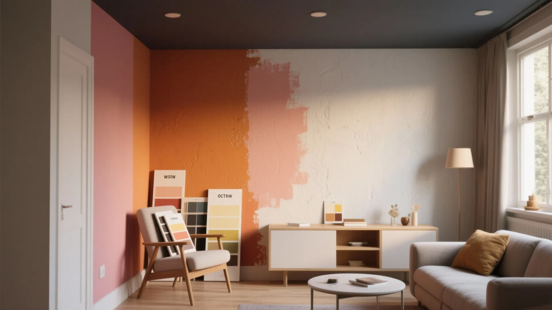 Living room showing wall paint samples in orange and pink with furniture and color boards