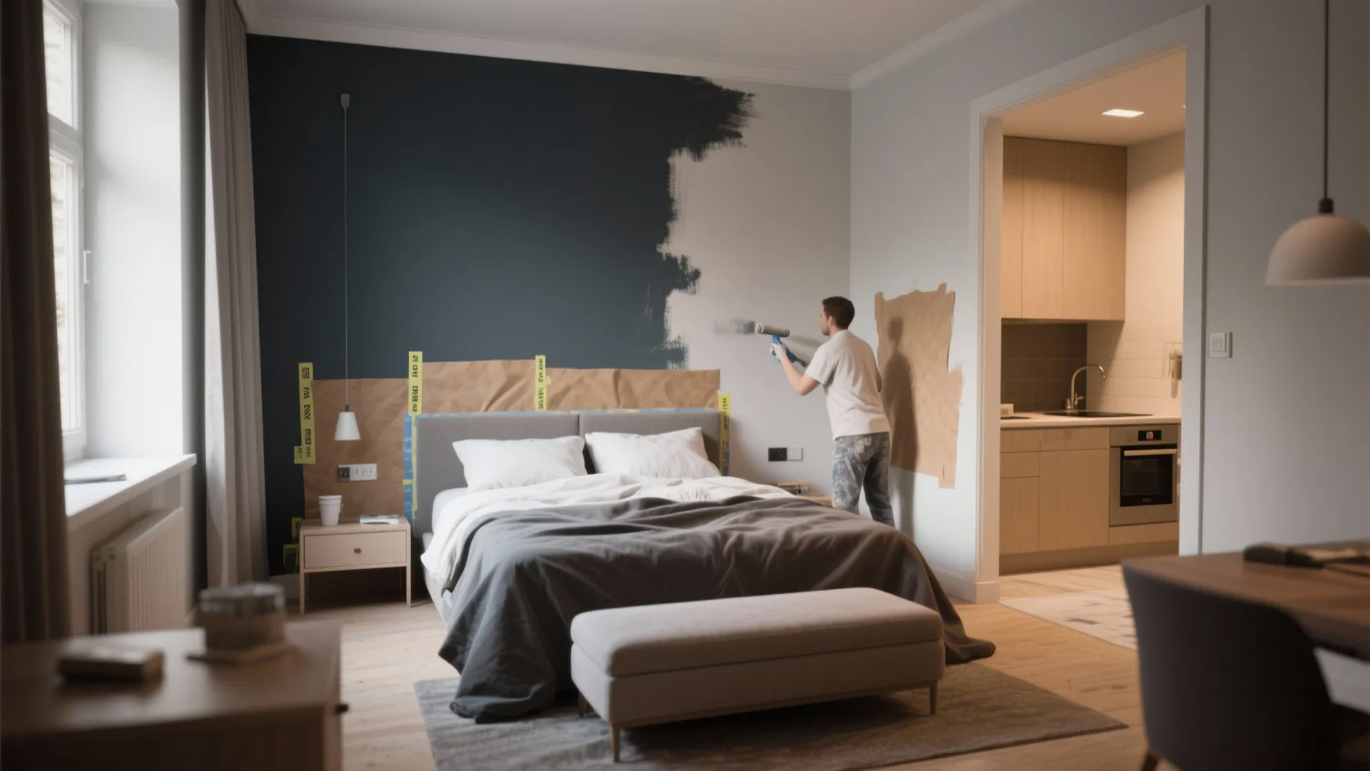 Man painting a dark blue wall in a bedroom with a grey bed and footrest