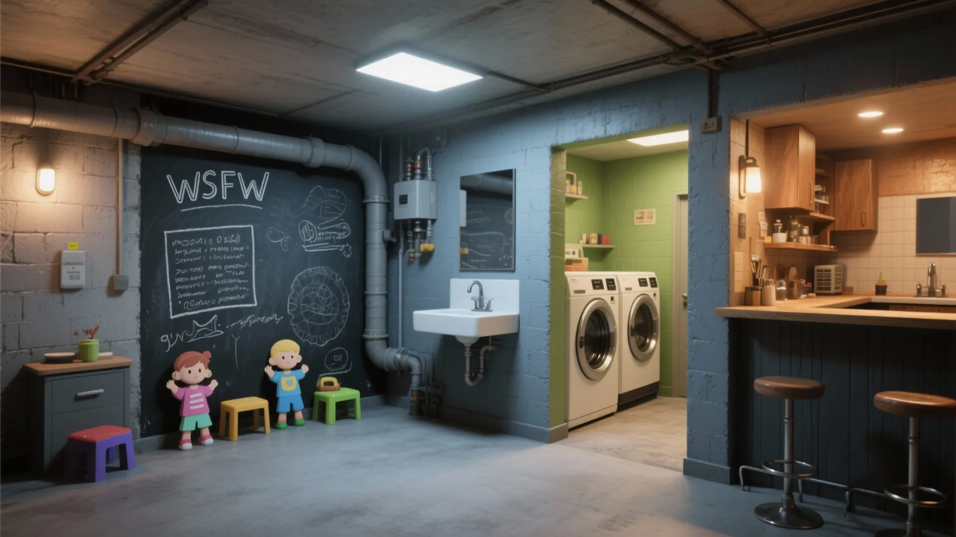 Basement room with chalkboard wall kids play area laundry room sink and small kitchen counter