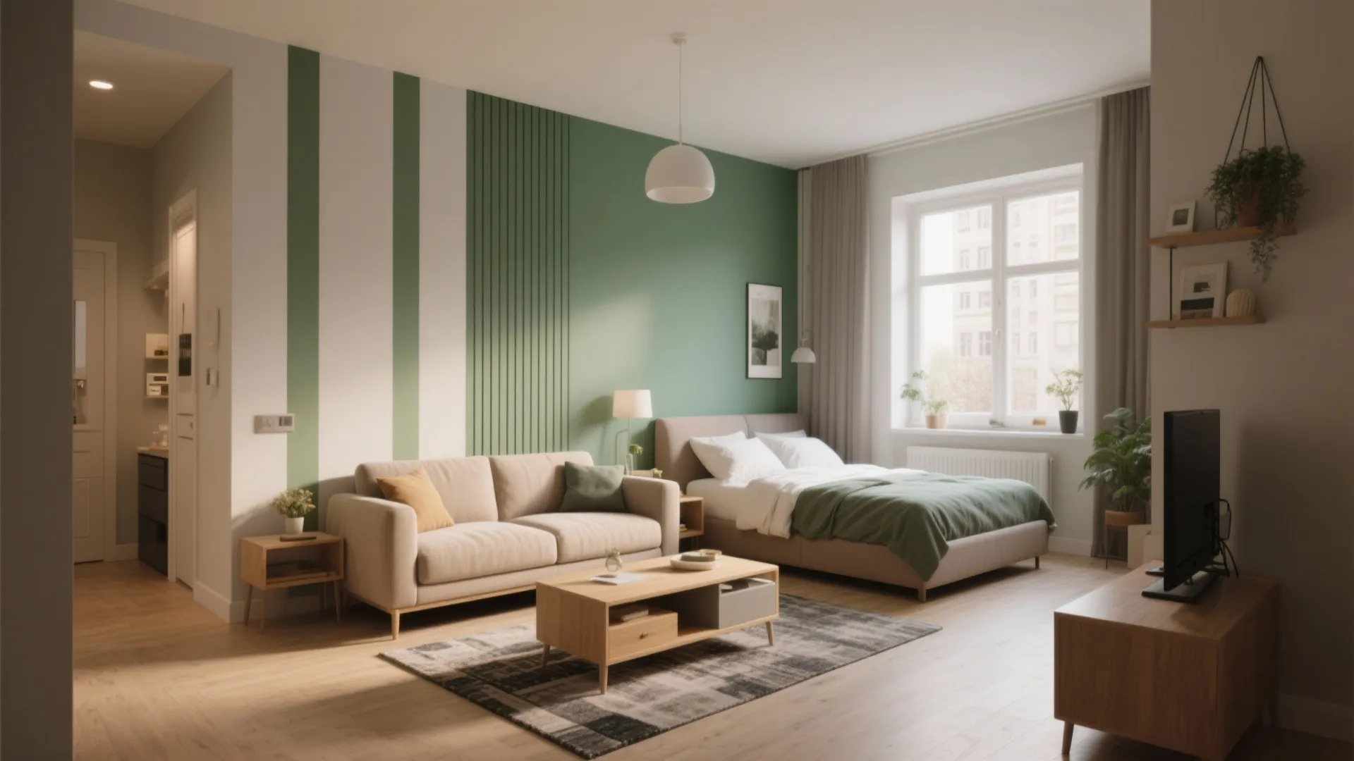 Modern studio apartment with green feature wall stripes sofa bed coffee table and large window