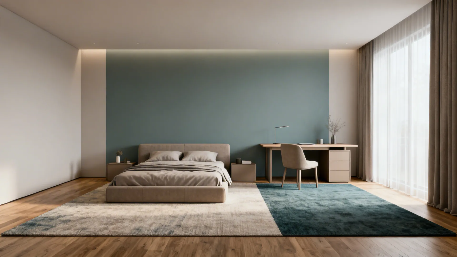 Studio with a rug defining sleeping area and a muted accent wall behind a desk.