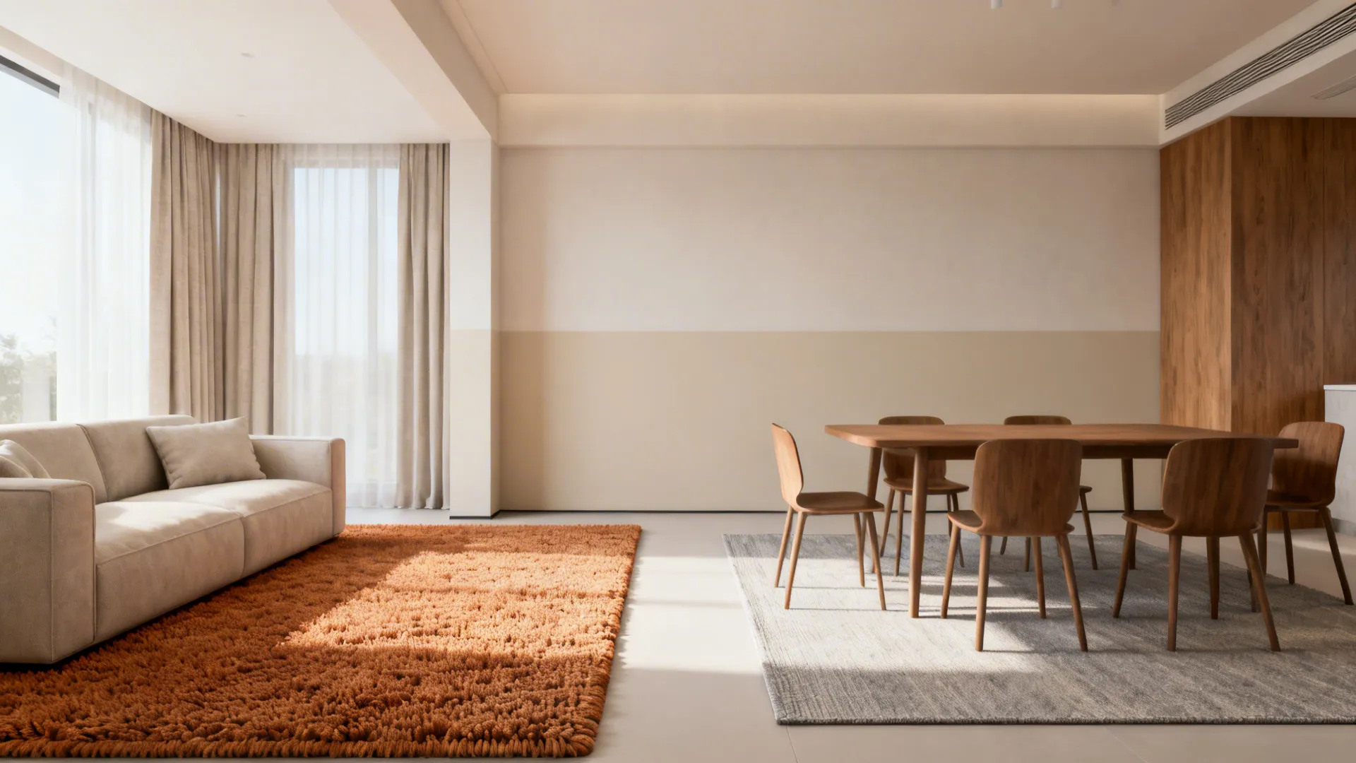 Two rugs and a subtle paint block separate living and dining zones in a small open-plan room.