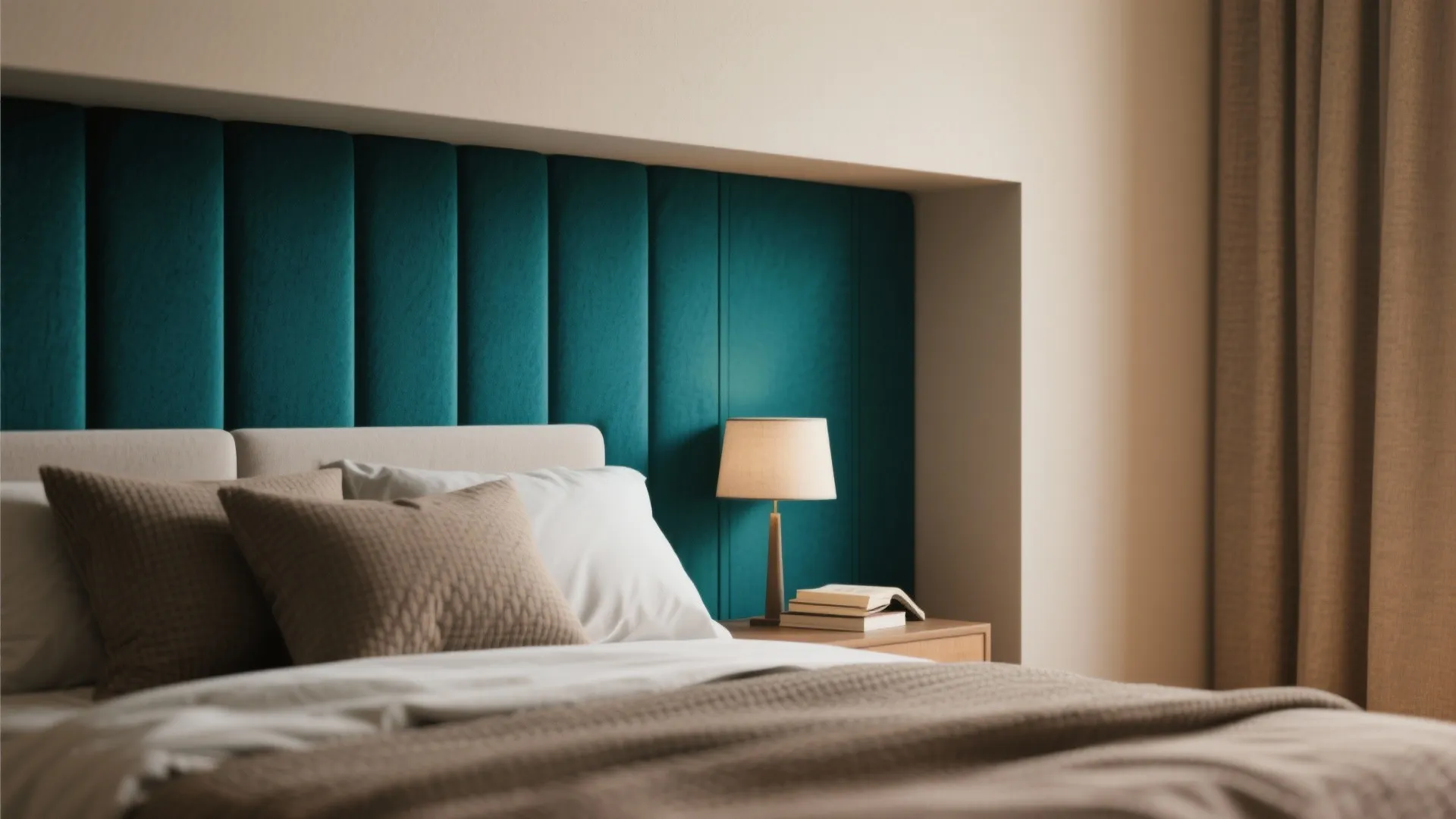Deep teal accent wall behind a bed creating depth, paired with warm neutrals in a small bedroom
