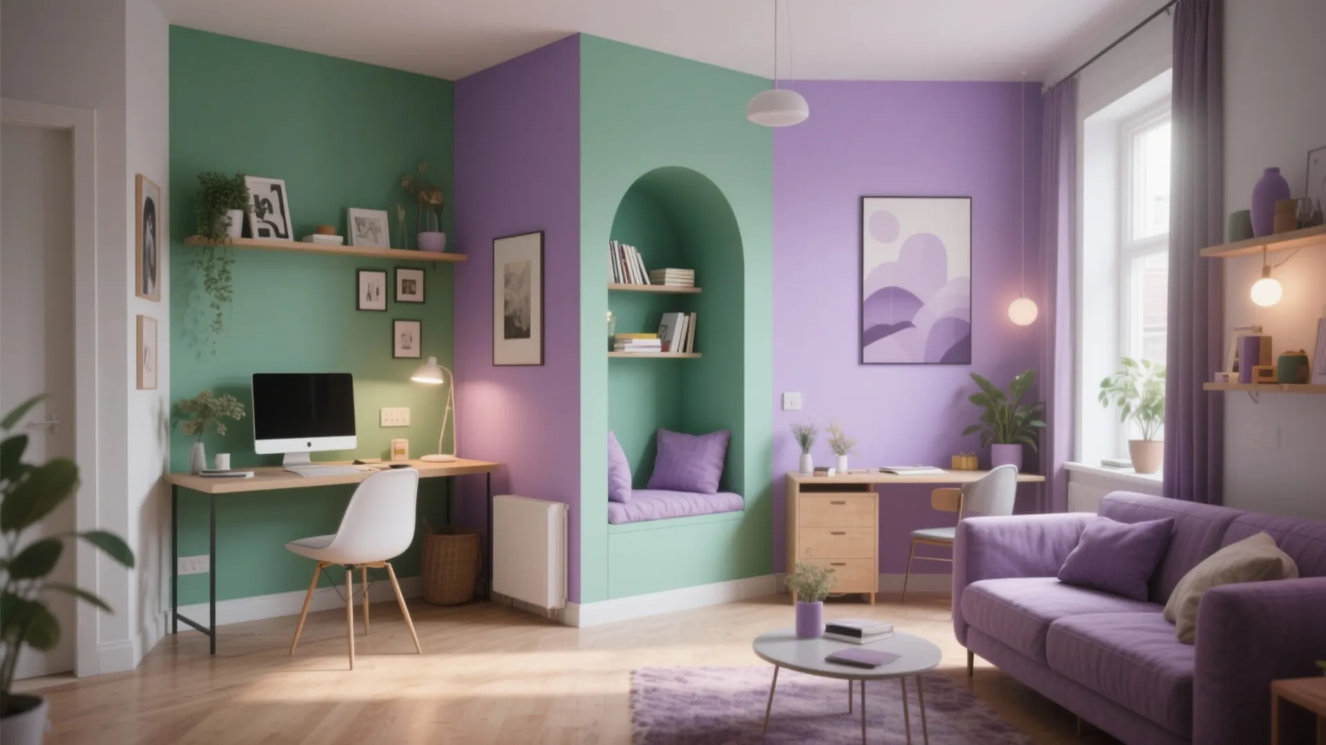 Open plan studio apartment with purple and green wall paint zoning and comfortable purple sofa