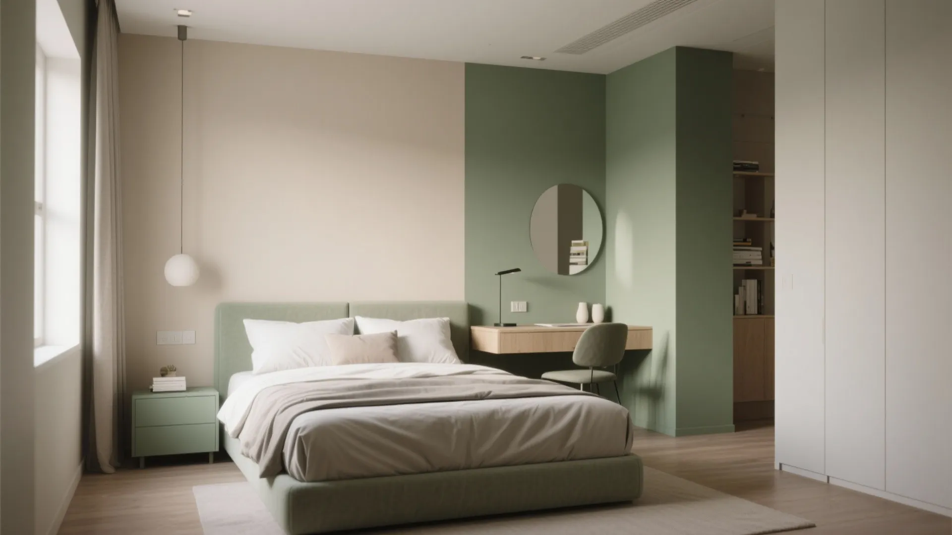 Small bedroom with beige bed wall and green desk area