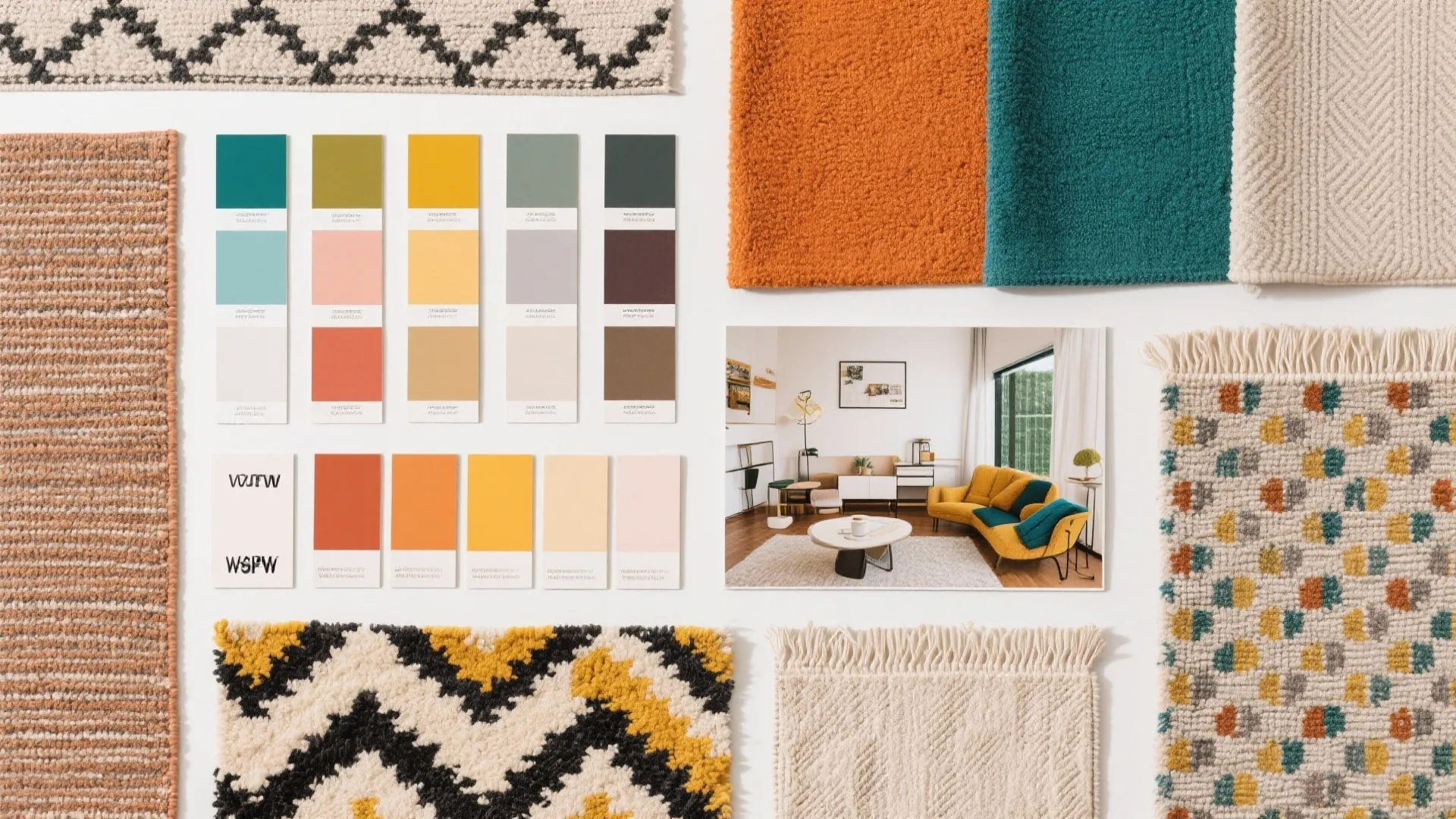 Color swatches and fabrics arranged for visual zoning inspiration