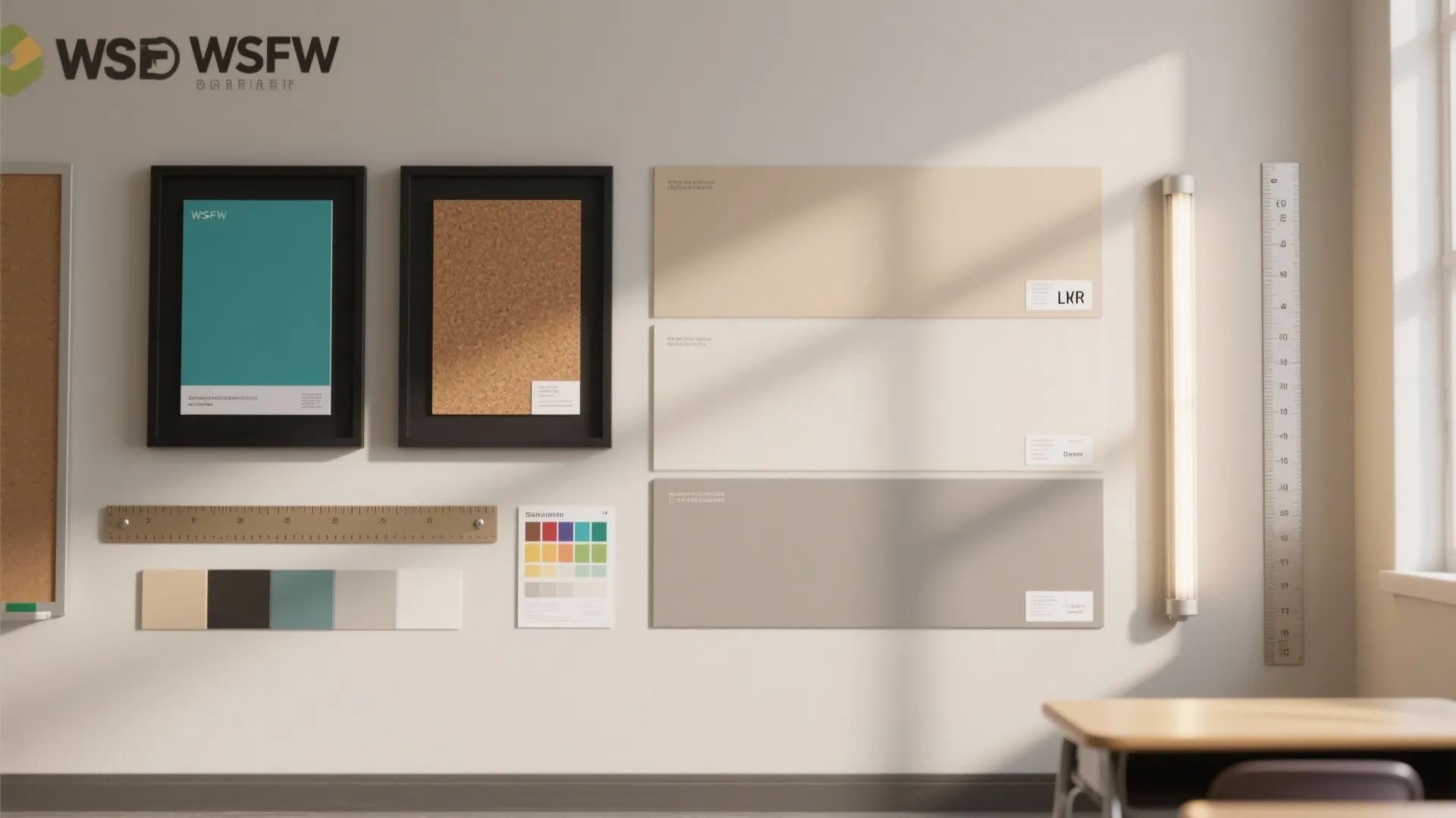 Wall display featuring neutral color swatches black frames wooden ruler and a vertical wall light