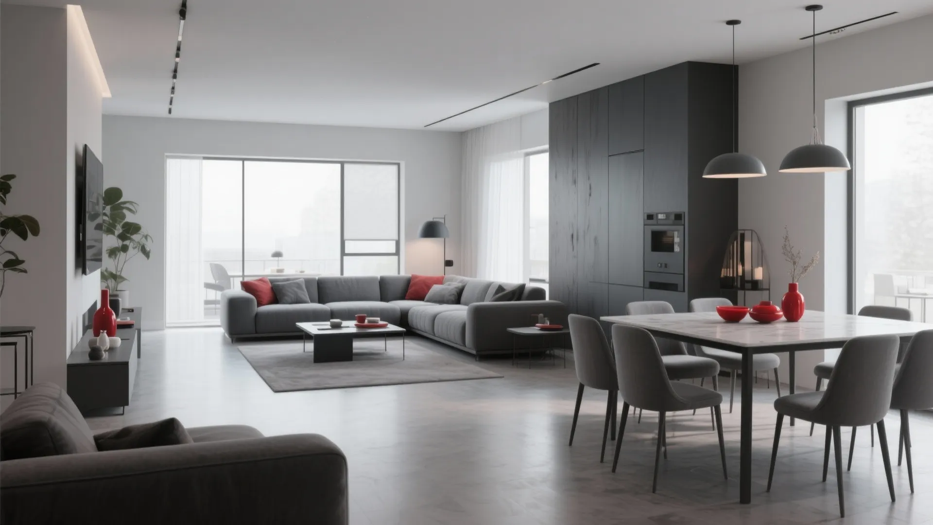 Open plan room layout with gray sofa red accents dining table and modern ceiling light