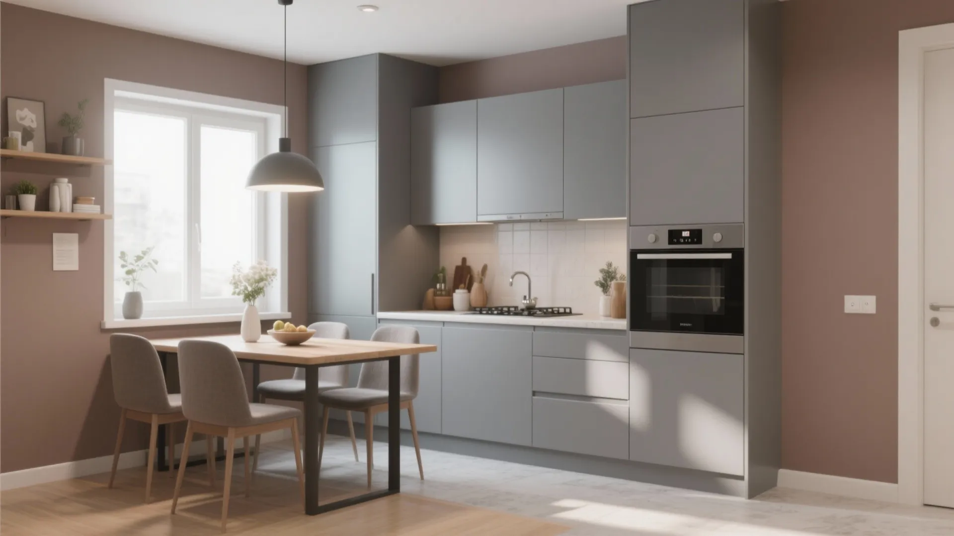 Modern kitchen with grey cabinets pink walls wooden dining table grey chairs and large window