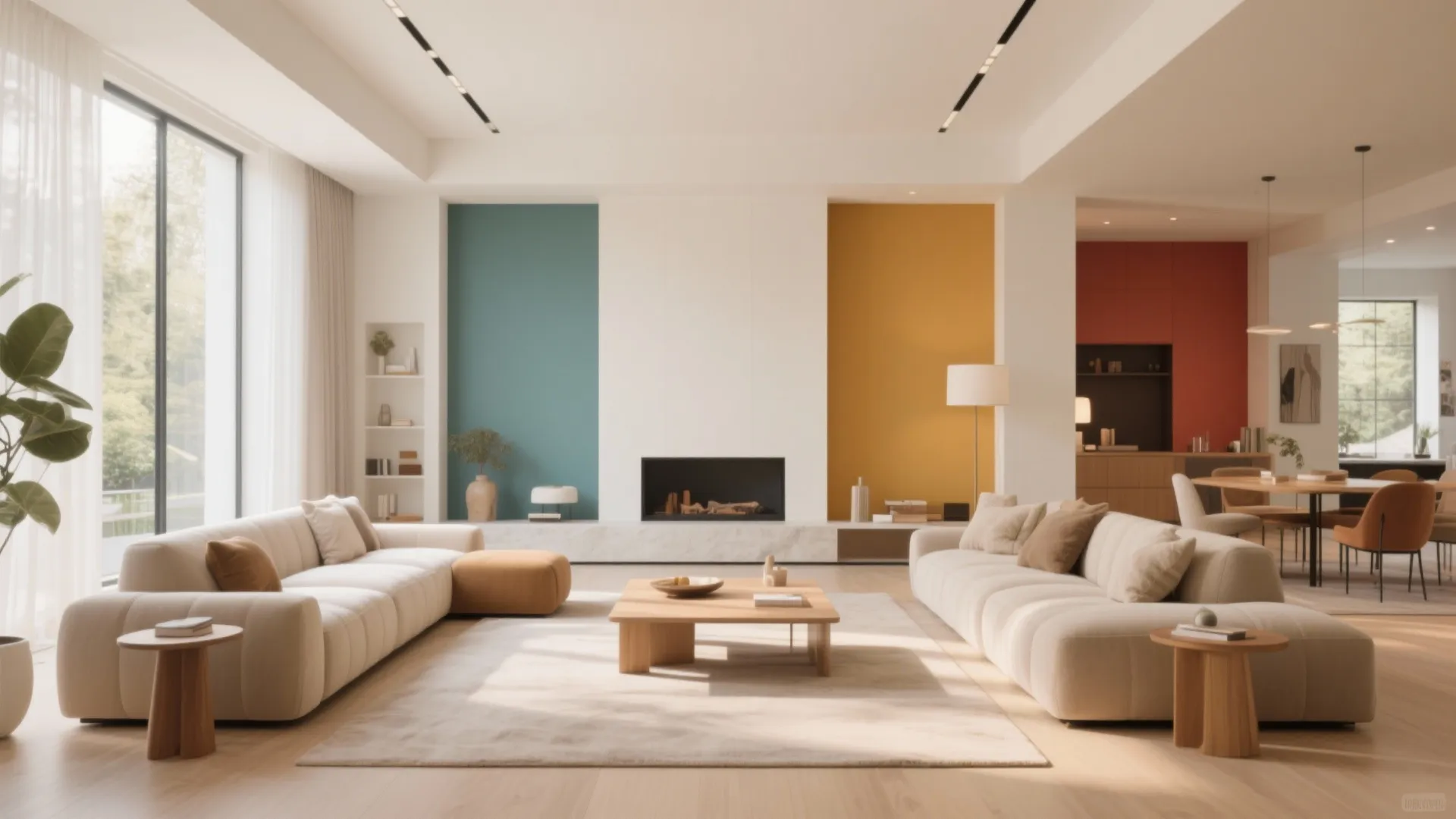 Spacious living room with fireplace blue and yellow wall panels white sofas and dining area view