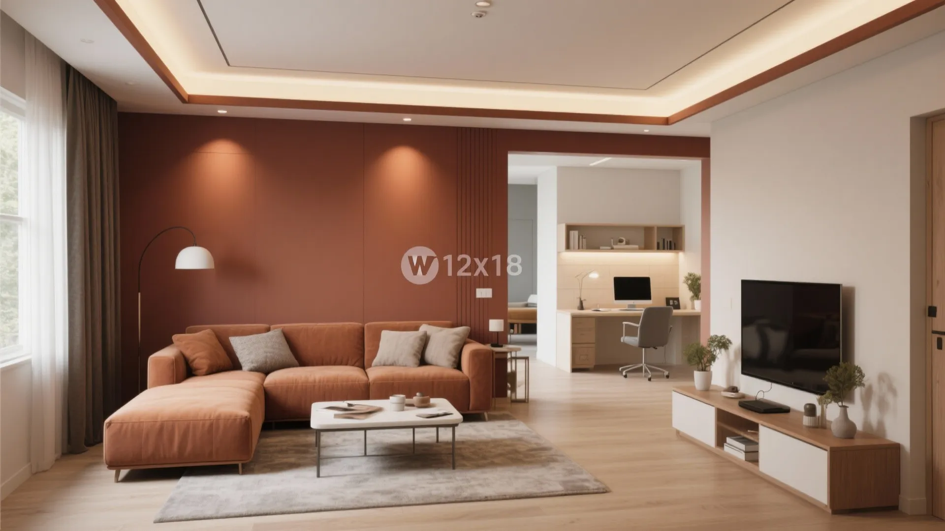 Interior design drawing with orange sofa against red wall next to a small home office