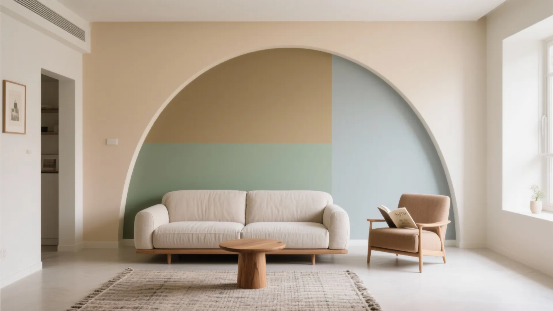 Modern living room featuring arched accent wall white sofa wooden coffee table tan armchair and rug