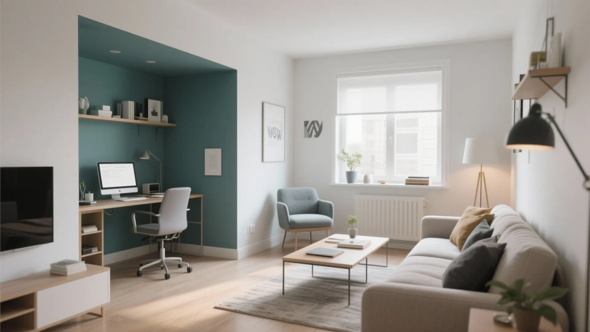 Open plan living room including a workspace with teal wall paint and a light sofa