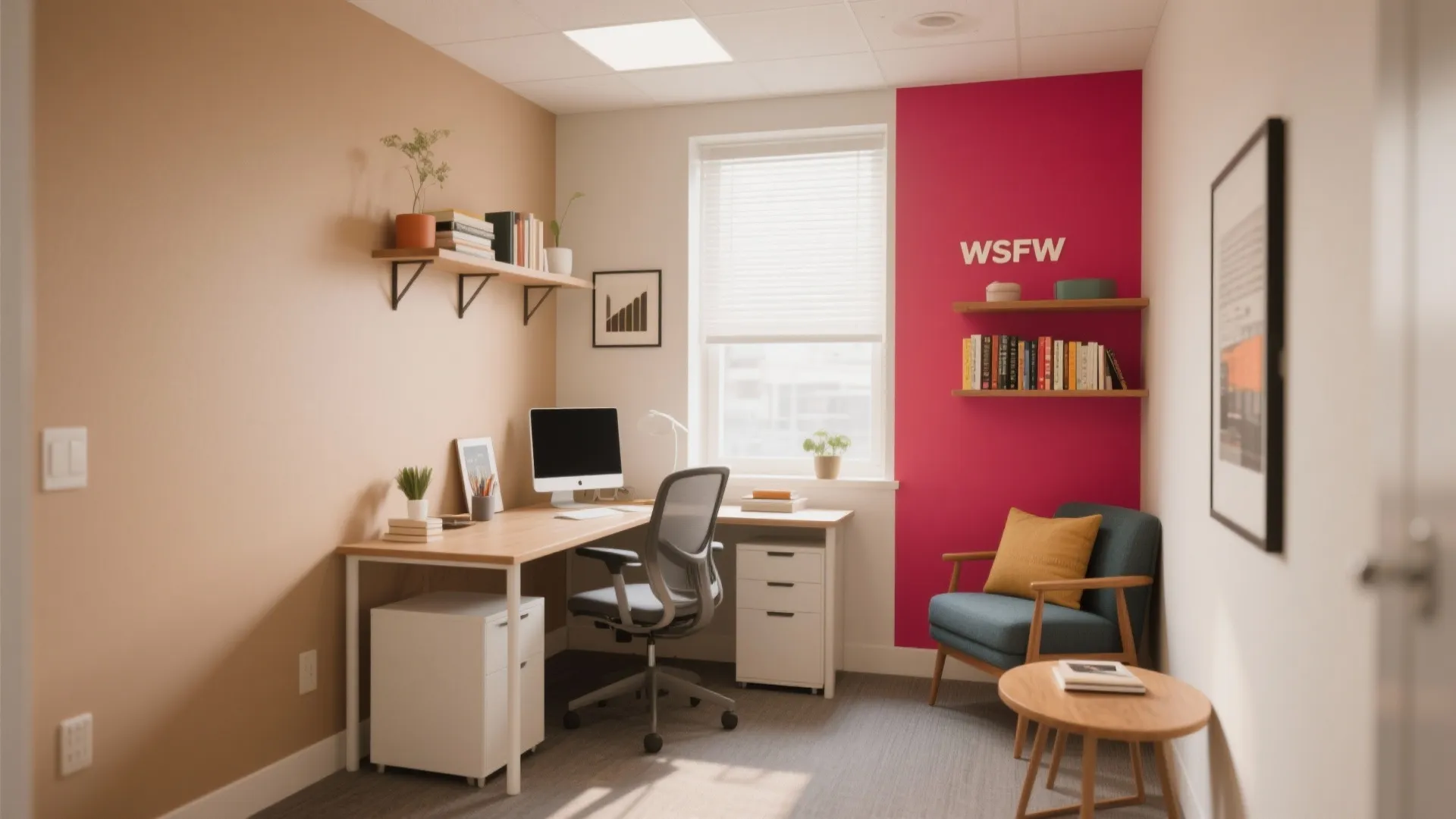 Modern home office featuring a tan wall, red accent wall, corner desk, and blue chair