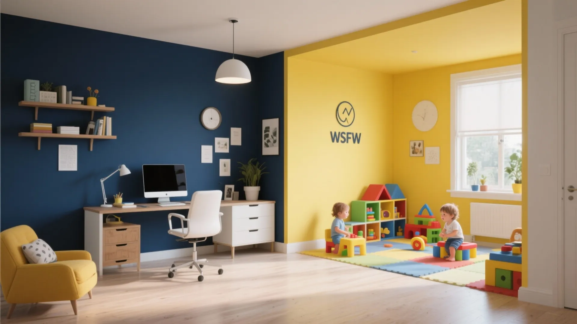 Modern room layout with blue office workspace and yellow kids play area containing colorful blocks