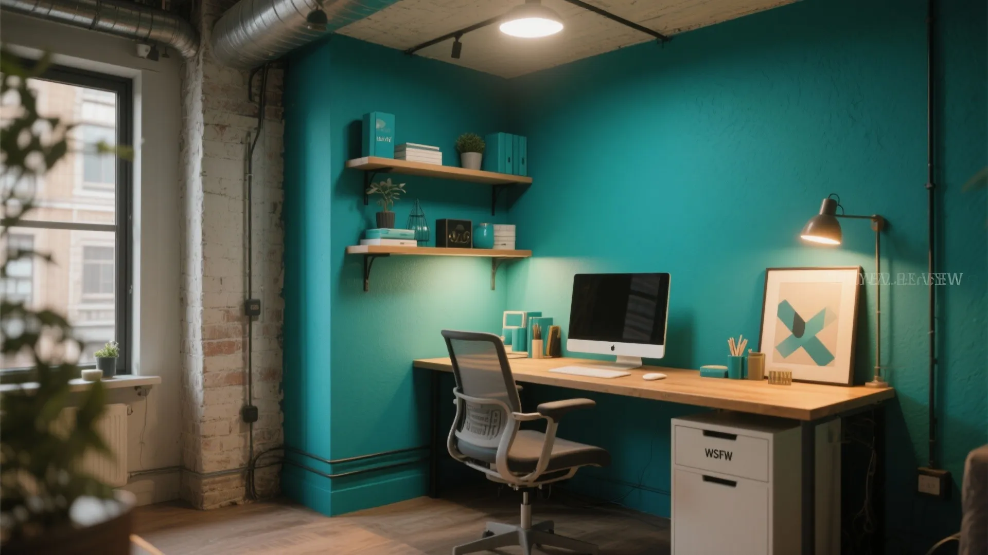 Home office with teal painted walls wooden desk grey chair white cabinet and desk lamp