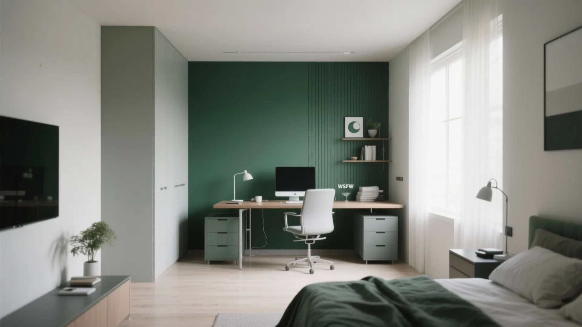 Home office setup with dark green accent wall behind a wooden desk and white chair