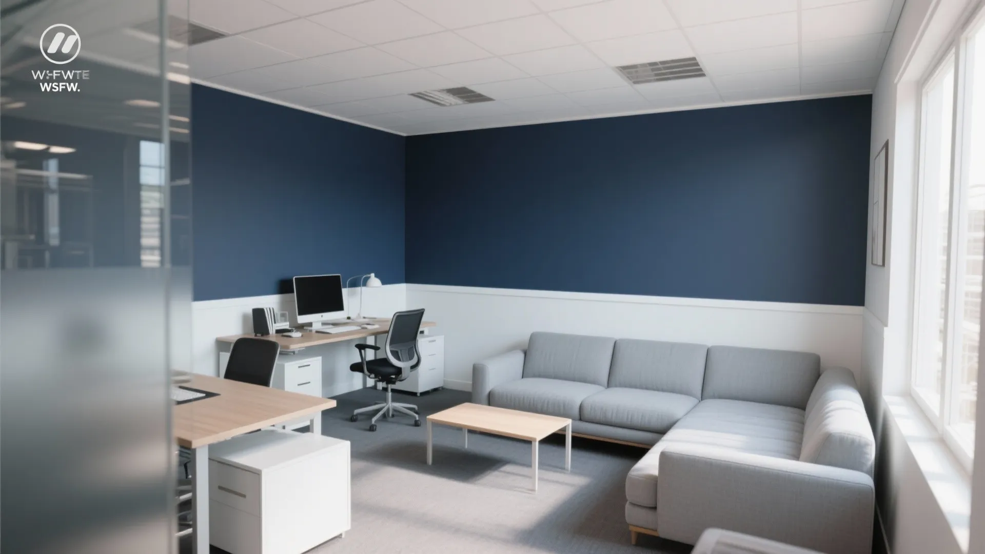 Two-tone wall color zoning in a small multifunctional office