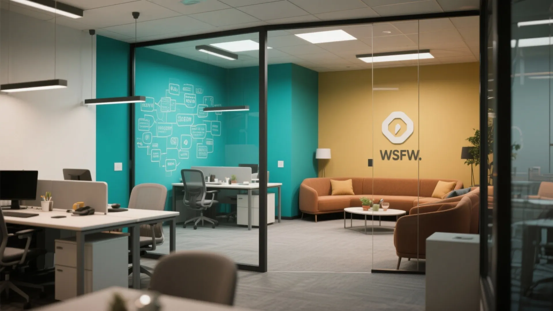 Color zoning separating areas in a small modern office