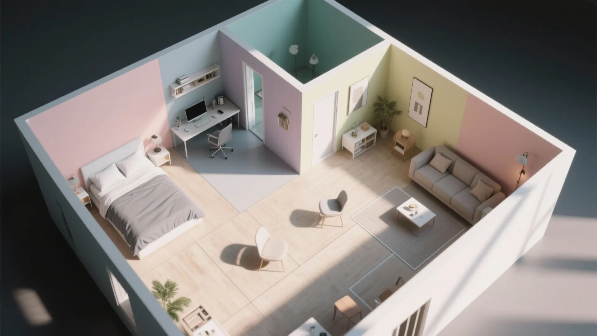 Interior design drawing of studio apartment with colorful wall panel sections and basic furniture layout ideas
