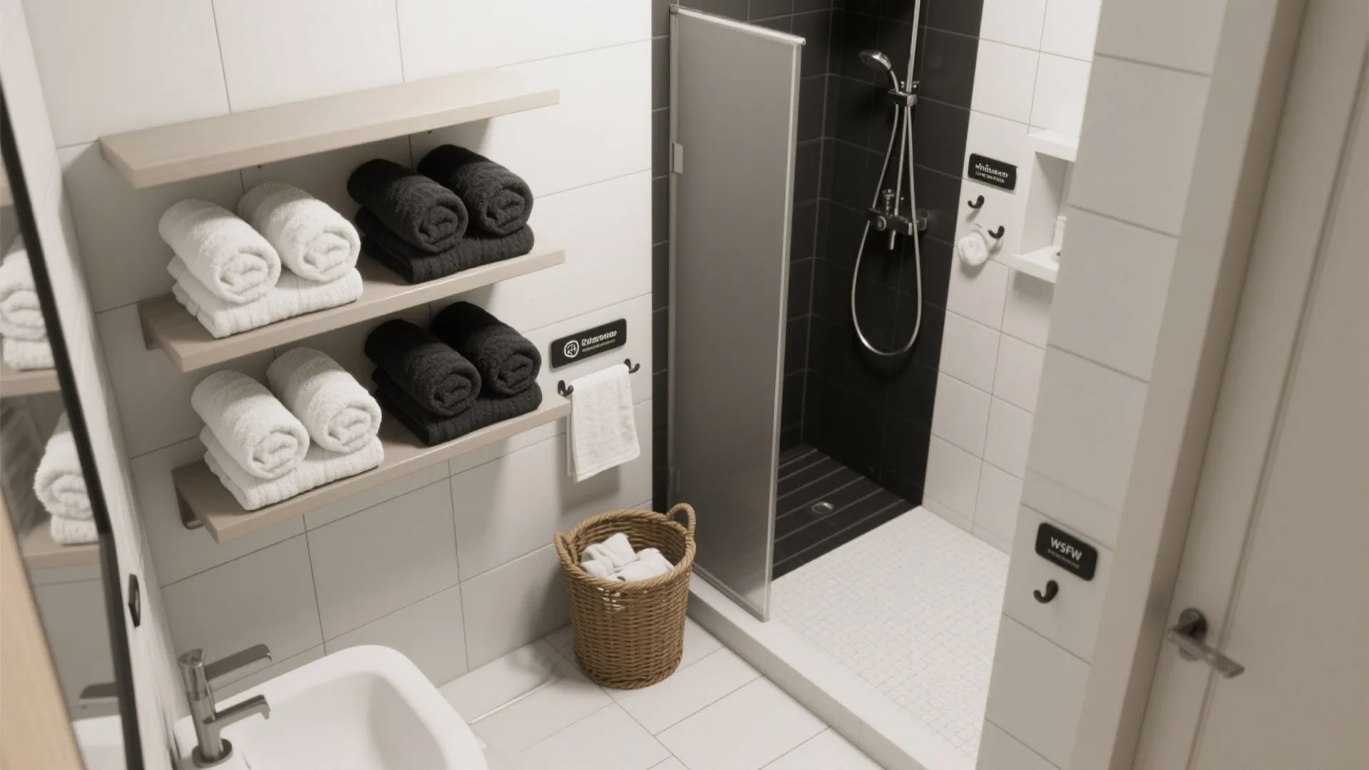 Modern bathroom with white tiles black shower area wooden shelves and black and white towels
