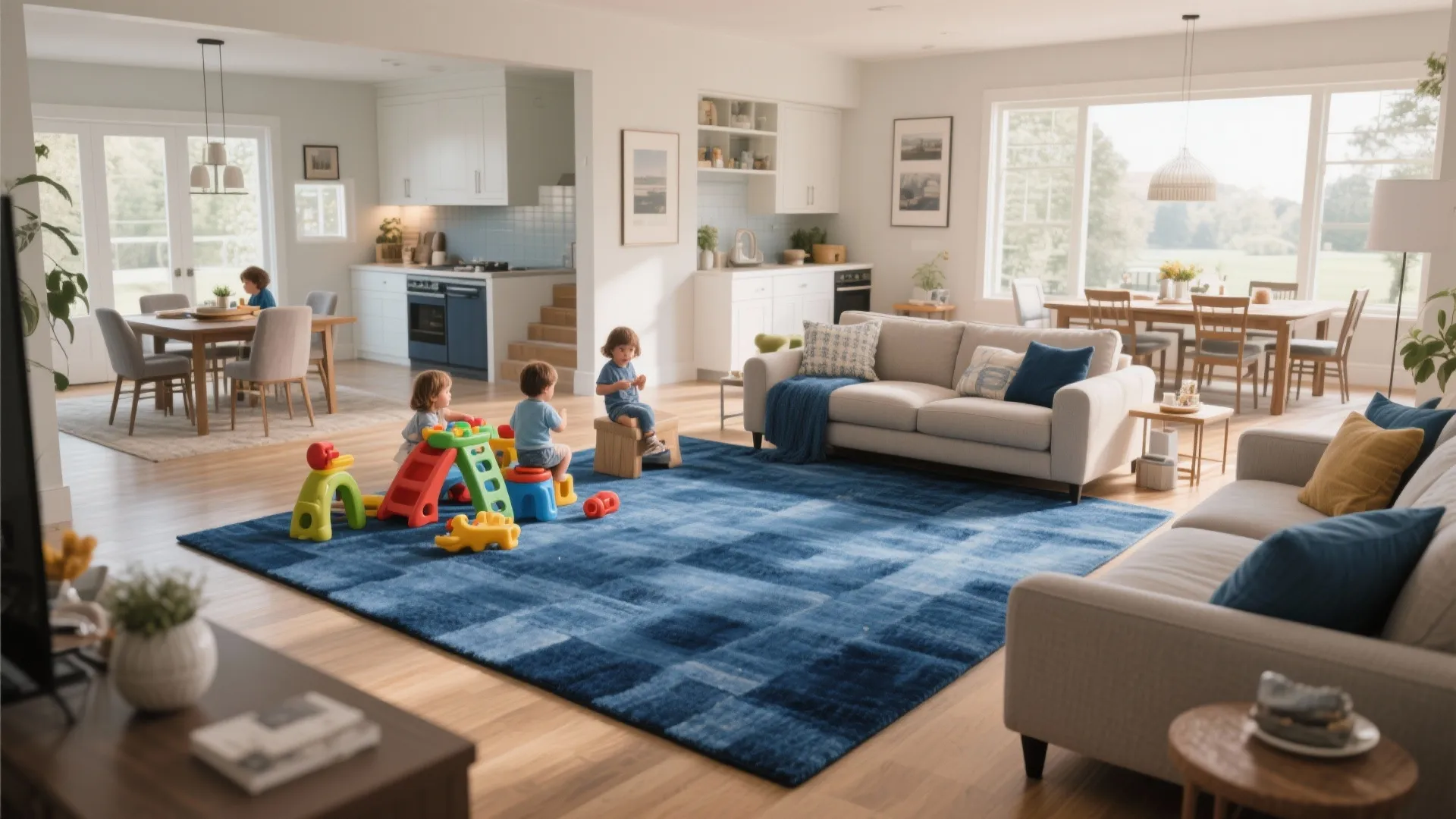 Modern open plan living room with large blue rug and children playing with colorful toys
