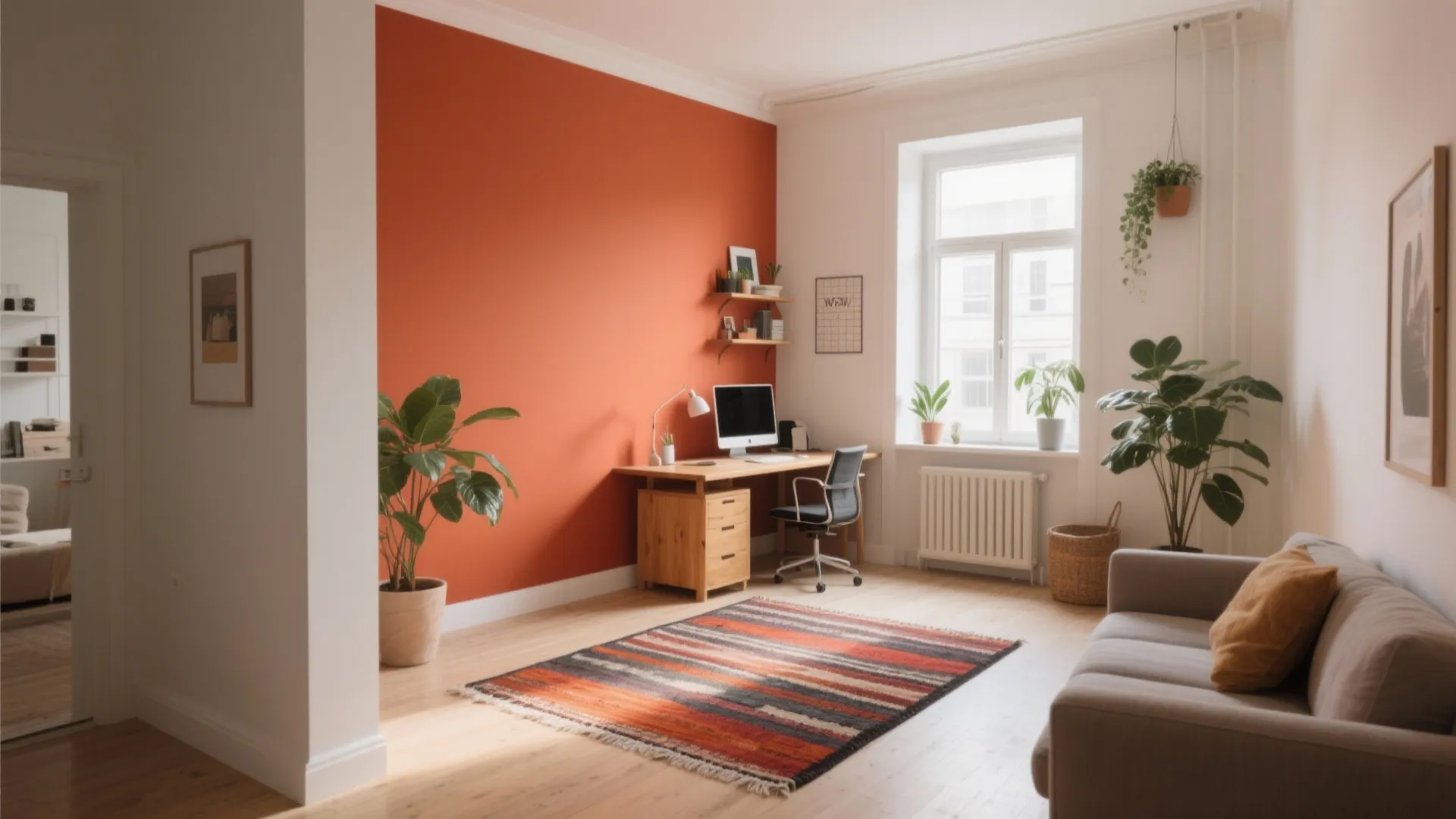 Home office room with orange wall wooden desk computer striped rug sofa and green plants