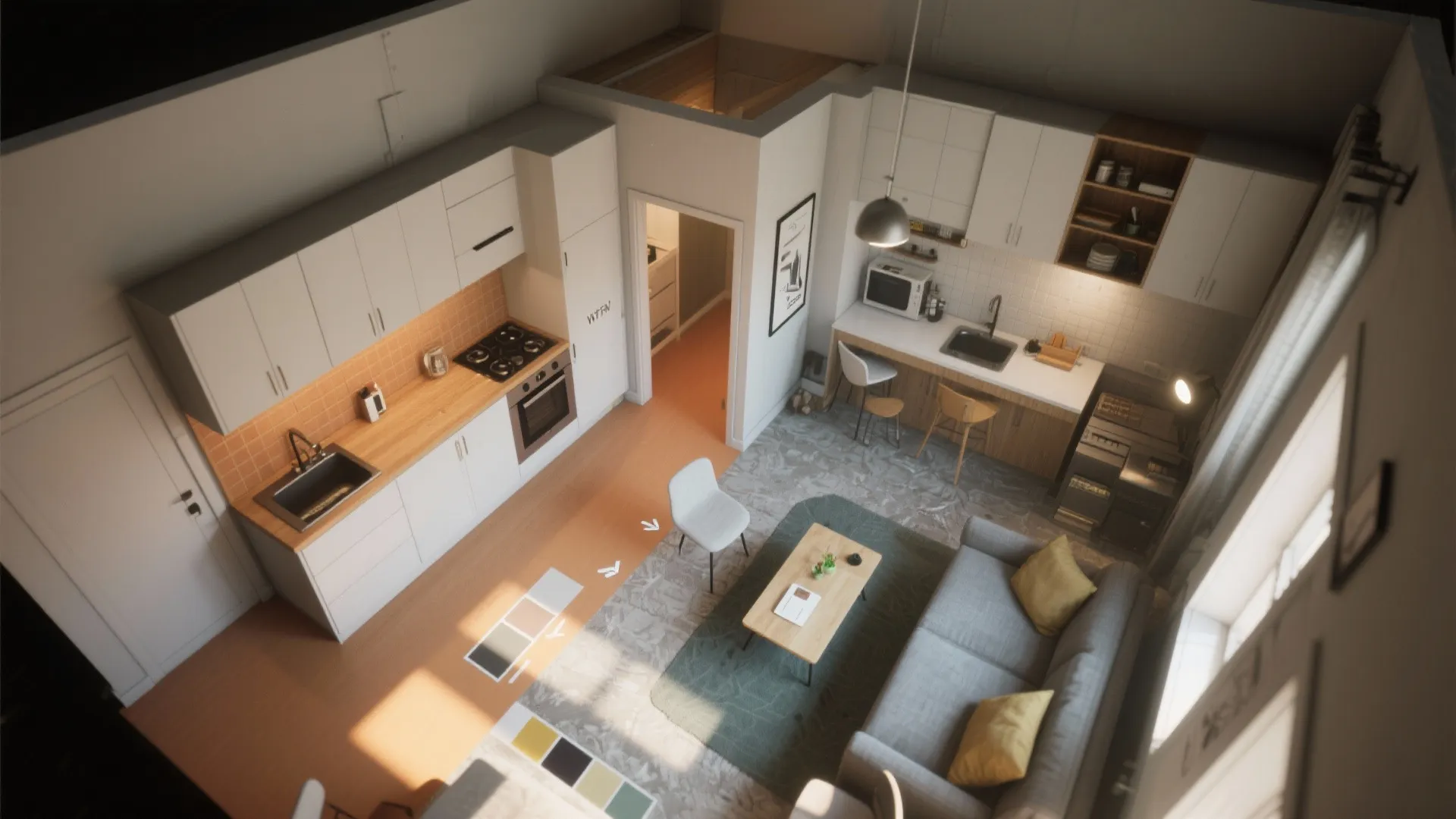 Modern studio apartment with open kitchen living area wooden floors grey sofa and white cabinet layout