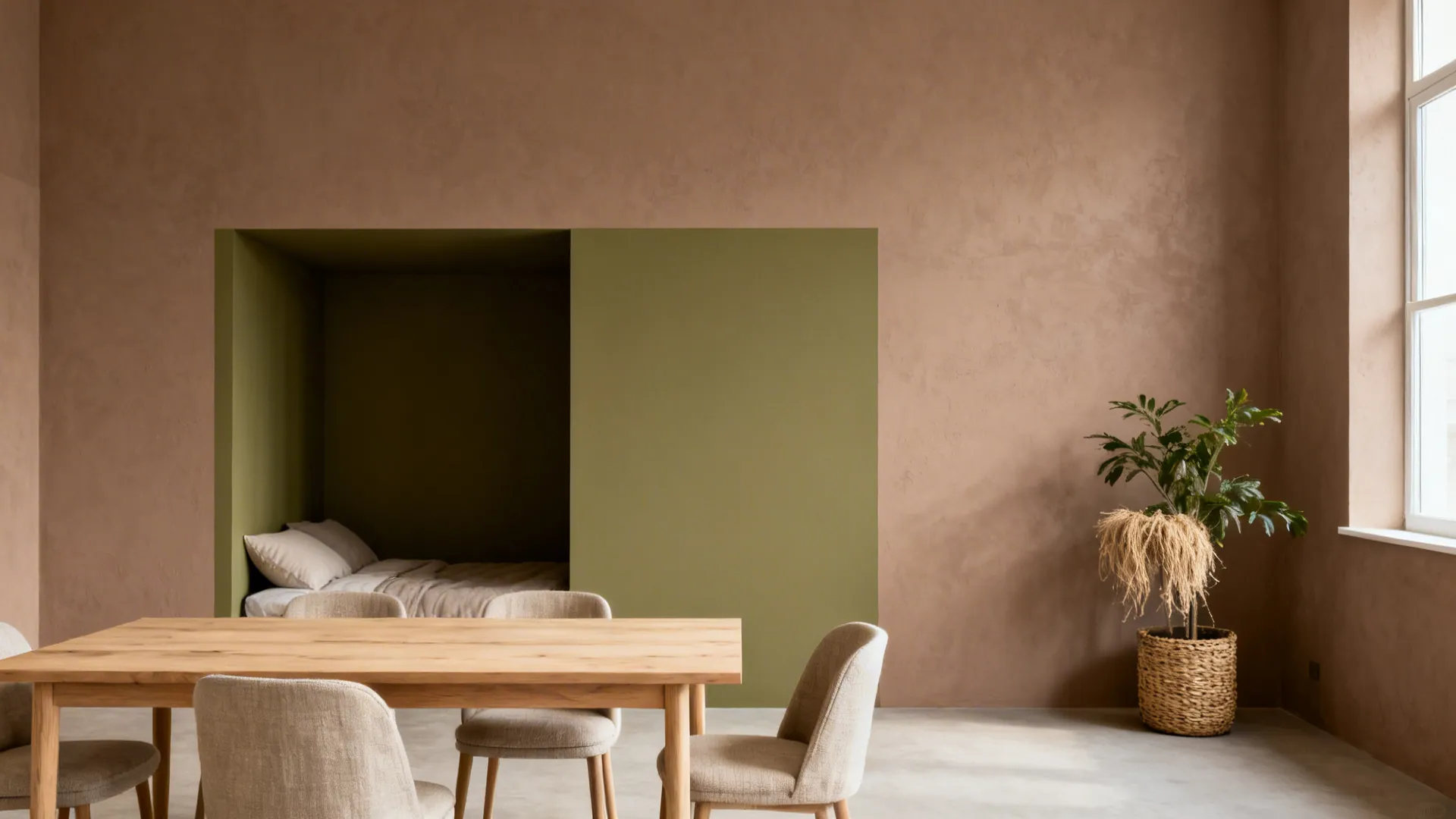 Studio apartment with moss green dining block and olive half-wall sleep nook creating clear zones.
