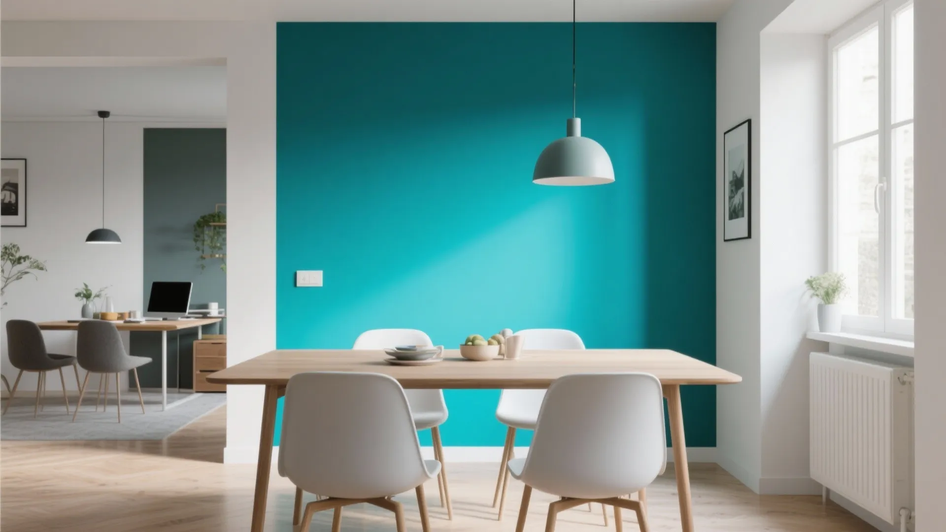 Modern dining area with a bright blue wall wooden table white chairs and ceiling light
