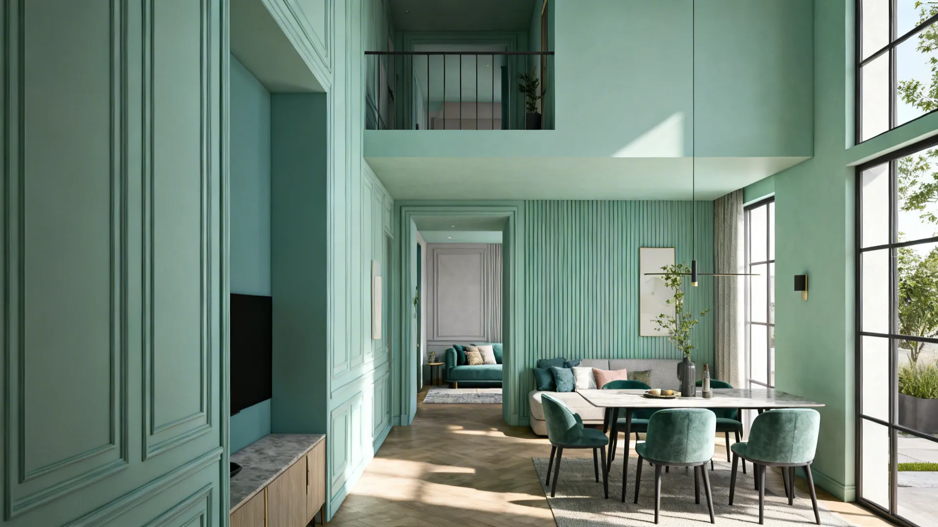 Narrow loft with muted teal living zone and softer mint dining zone for subtle color zoning.