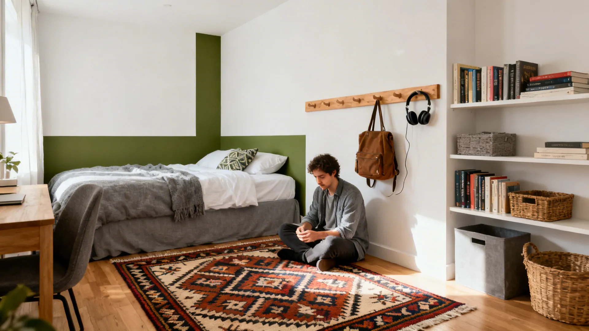 Moss-green headboard stripe, patterned kilim, and peg rail organize zones in a tiny studio.