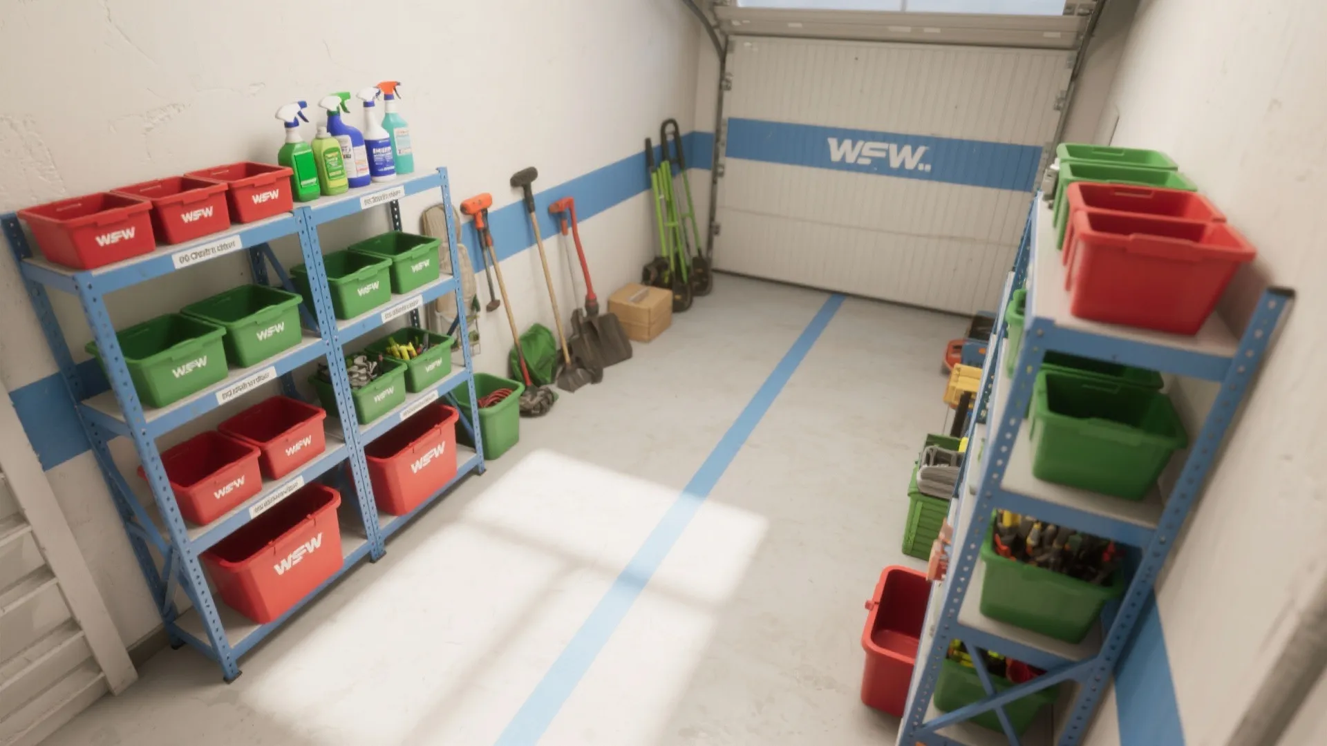 Organized garage storage room with blue metal shelves holding red bins and tools on wall