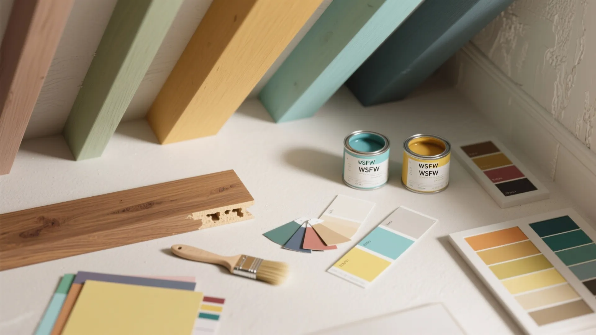 Top-down flatlay of paint chips, brushes, and a painted beam sample for color-blocking ceiling accents.
