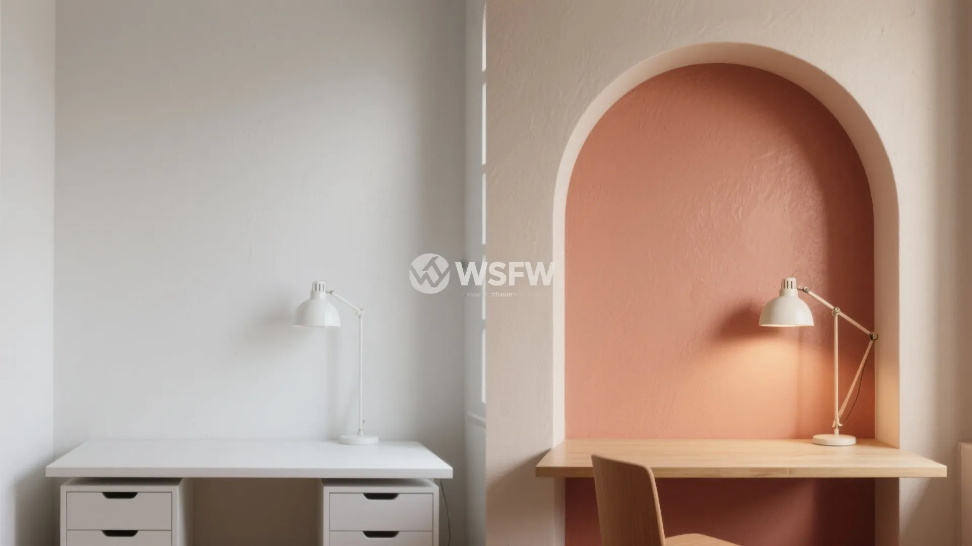 Before and after comparison showing a plain white wall transformed with a painted orange arch