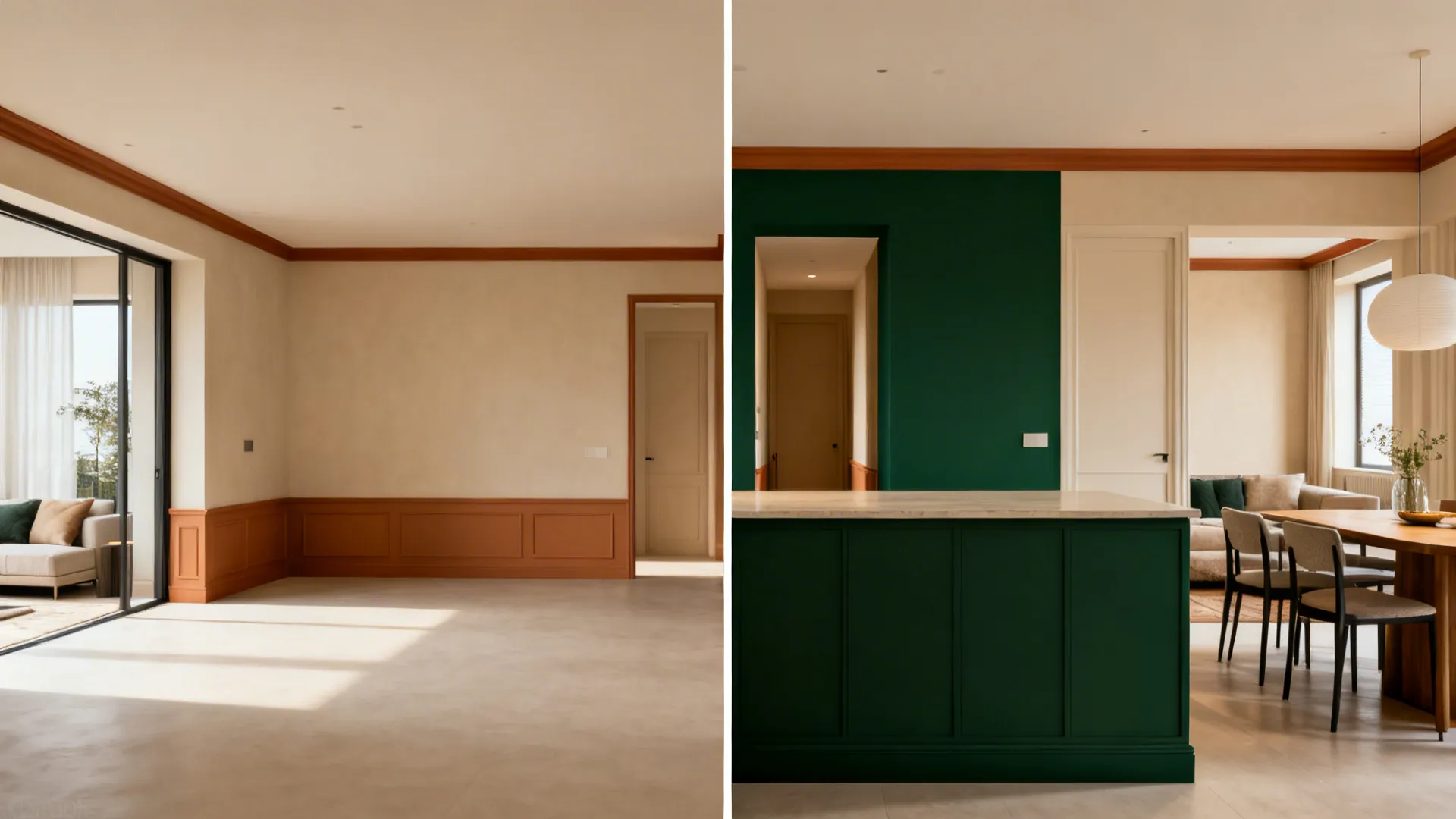 Before-and-after view showing a plain space transformed with a half wall and color blocking.