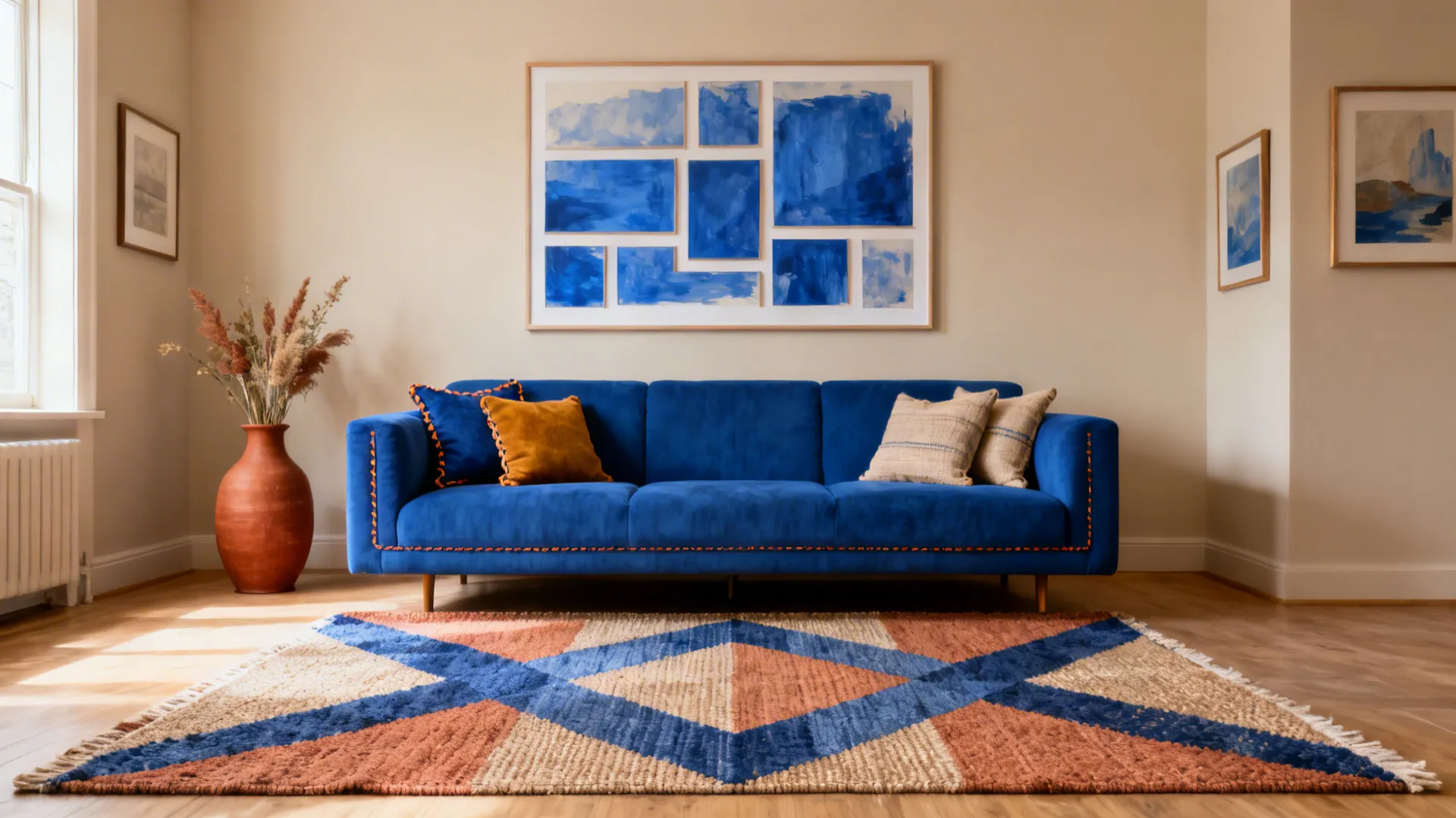 Royal blue sofa with a geometric rug and art repeating blue and clay tones.