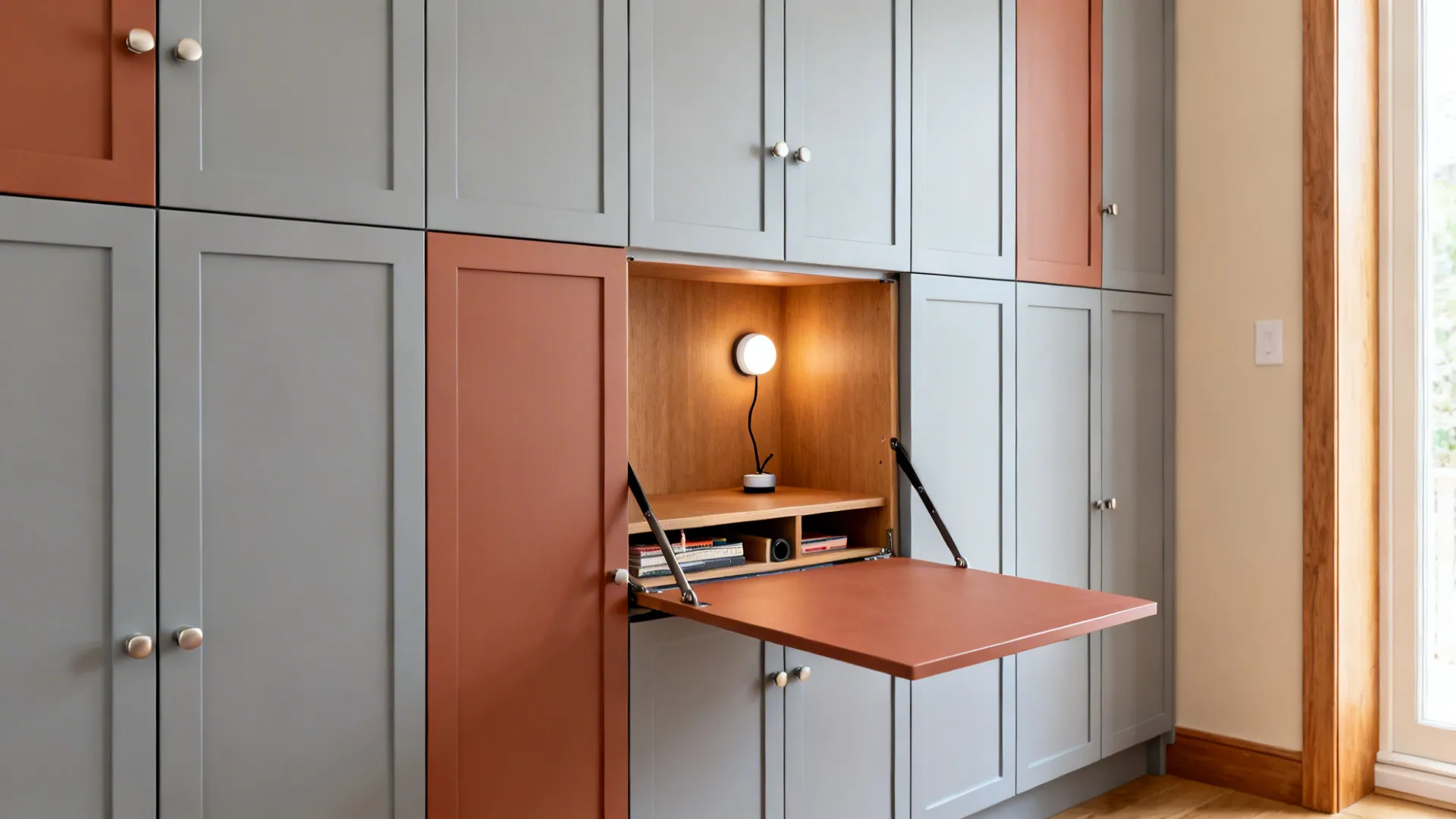 Color-blocked lacquer wall cabinets with a fold-down hidden desk niche illuminated by a puck light.
