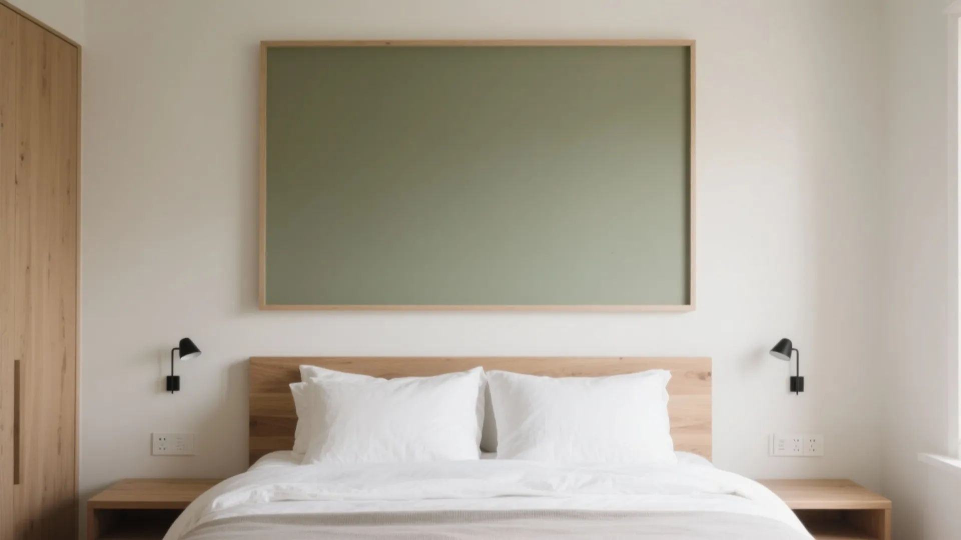 Modern bedroom featuring a green framed board above a wooden bed with white pillows and