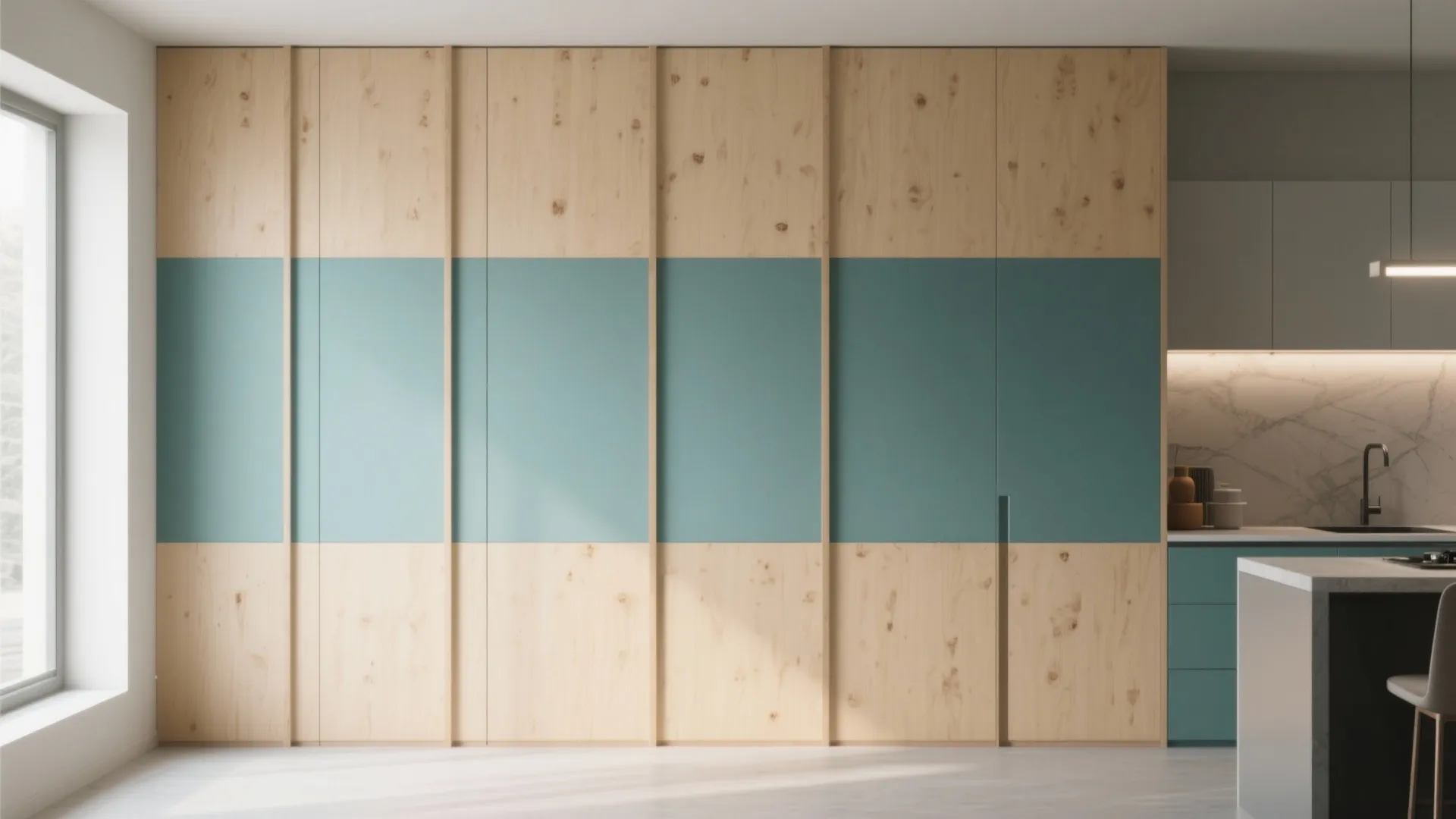 Modern kitchen with wood wall panels featuring a blue stripe next to a white island