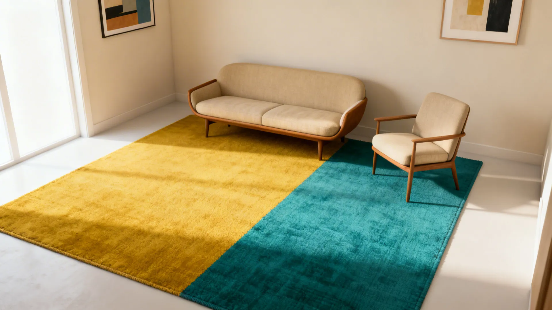 Small mid-century living room with a bold color-block rug anchoring the seating and enlarging the space.