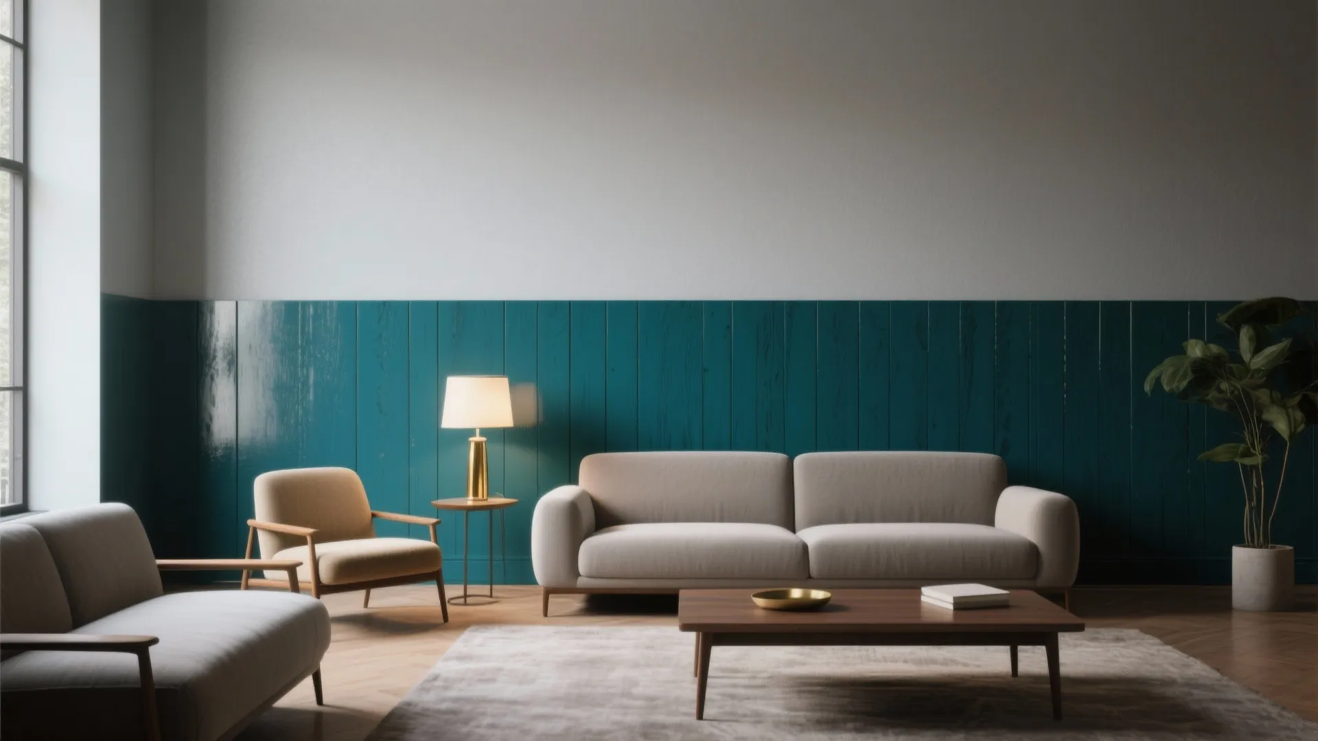 Minimalist living room with teal wall paneling grey sofa wooden coffee table and warm table light