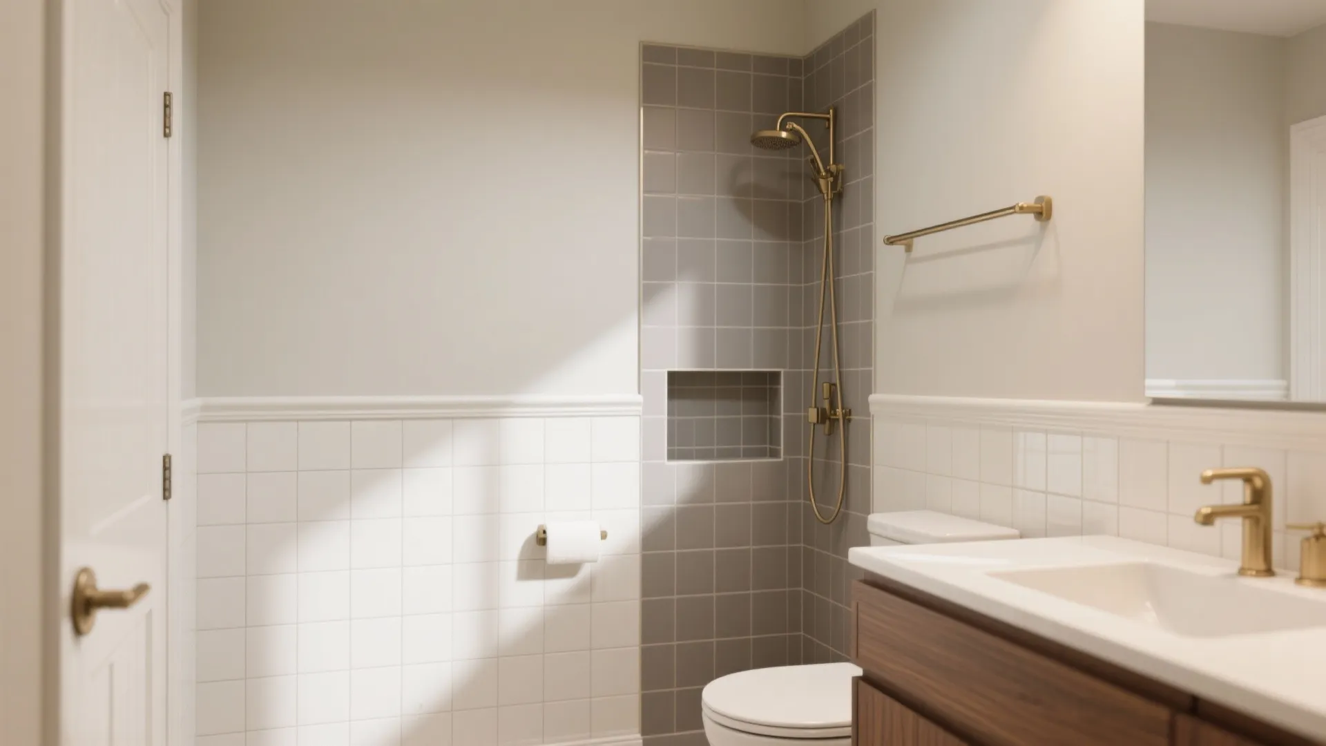 Color-blocked 2x4 tile wainscot with painted wall above and a wrapped shower niche aligned to the grid.