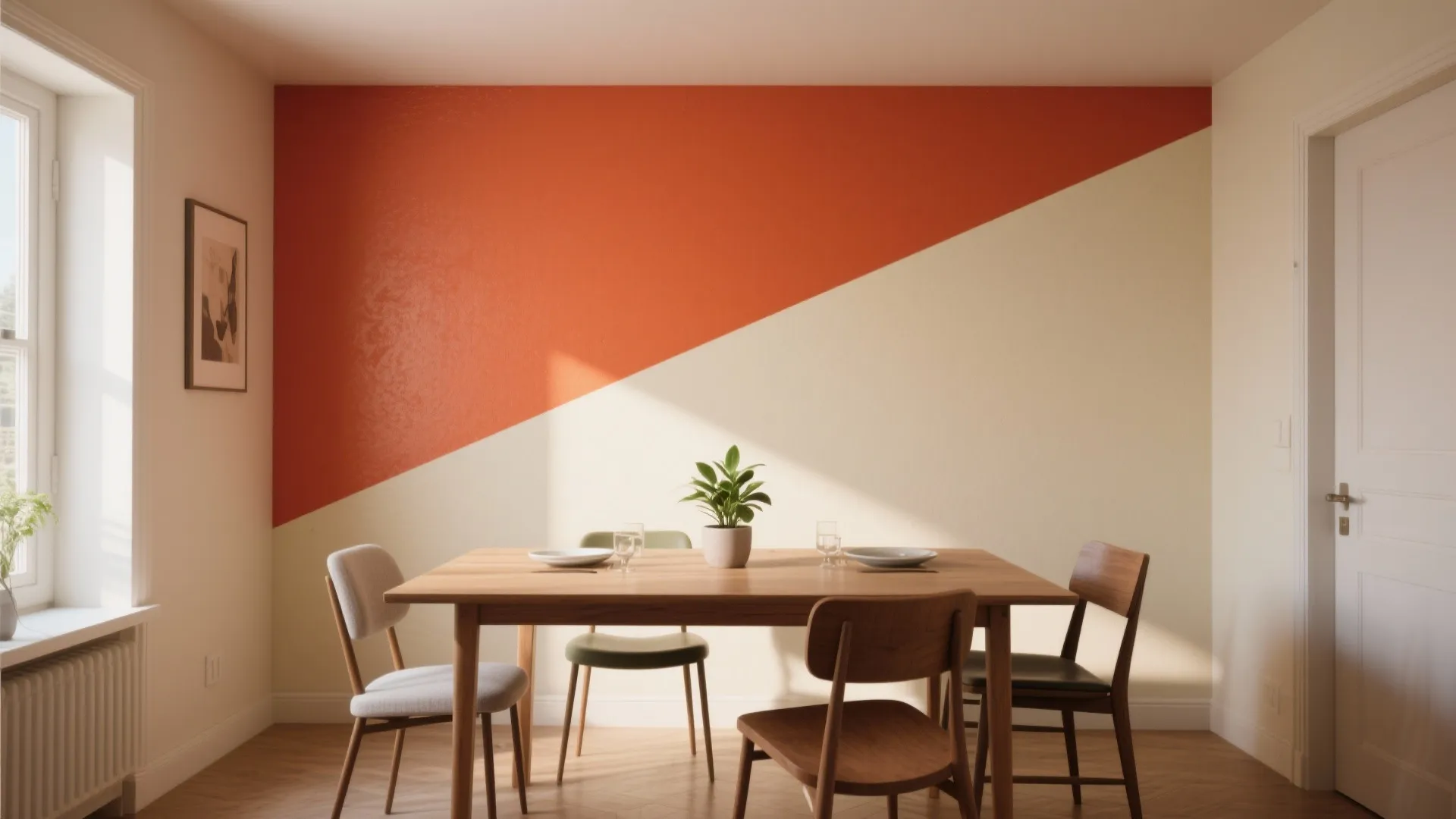 Dining area with a bold two-tone diagonal color-block painted accent wall, wooden table and chairs.