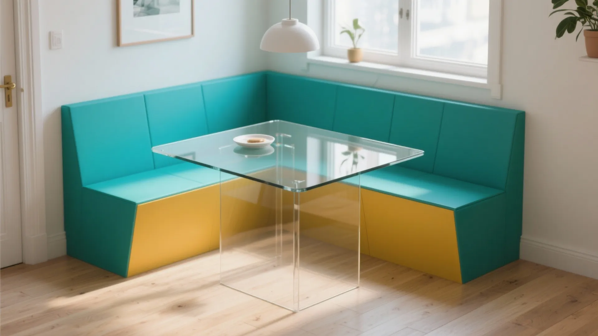 Clear glass dining table paired with a teal and yellow corner sofa in modern room