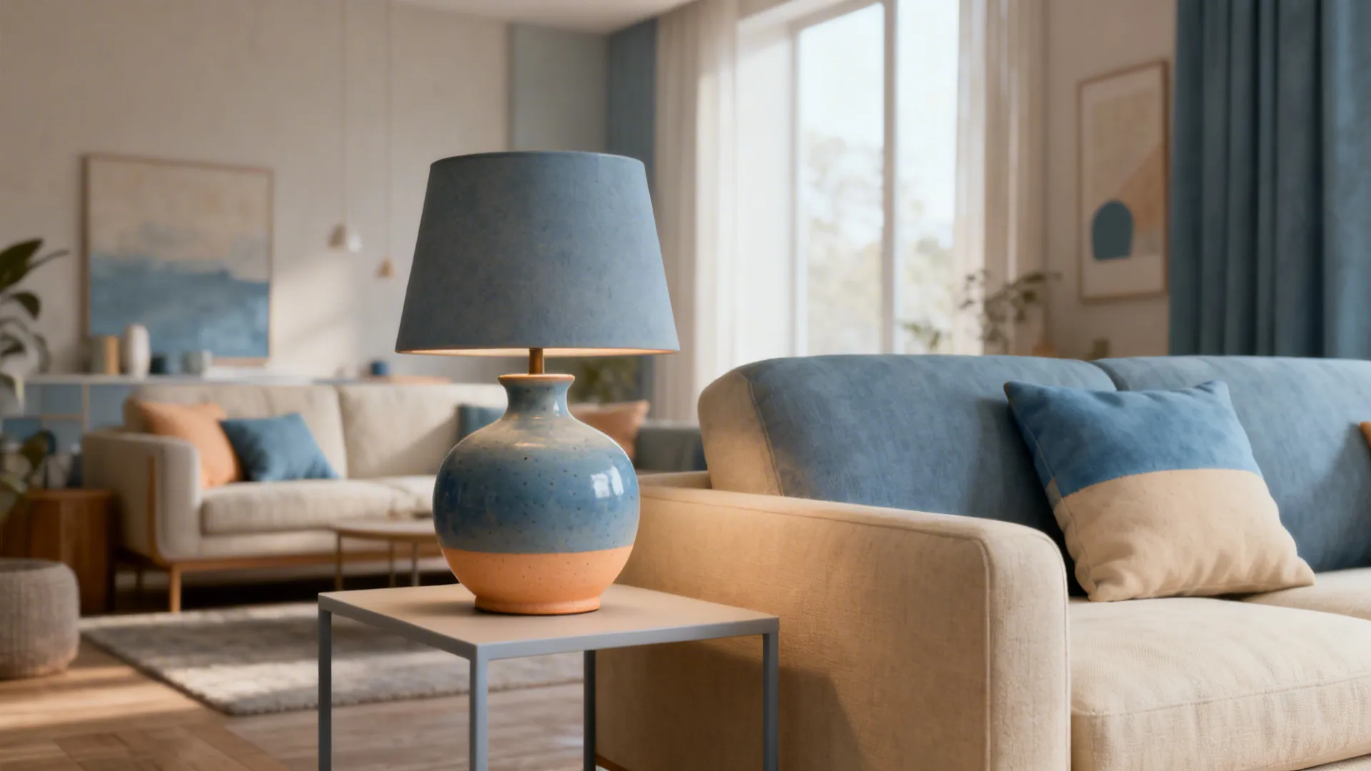 Modern living room with a two-tone color-blocked ceramic lamp echoing a cushion