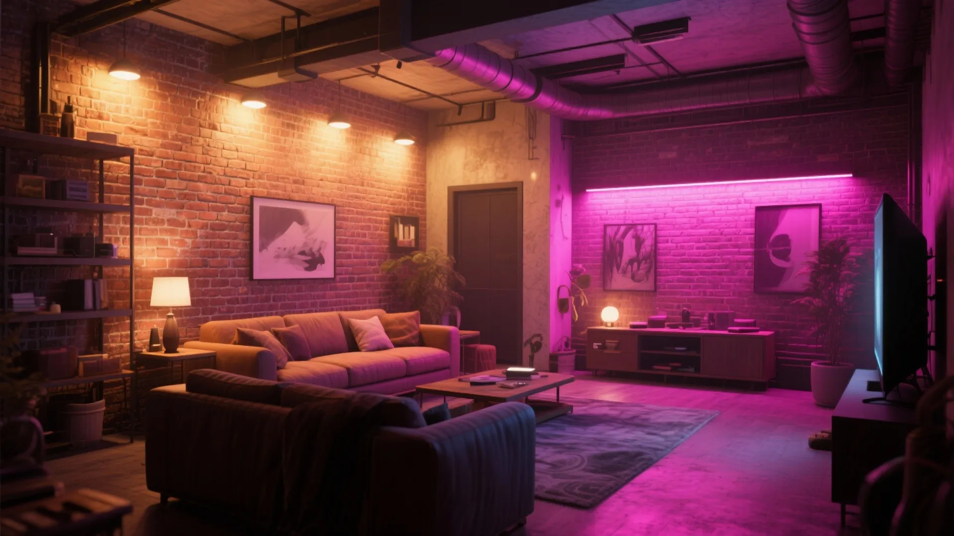 Industrial style living room with red brick walls pink neon light strip and grey sofa