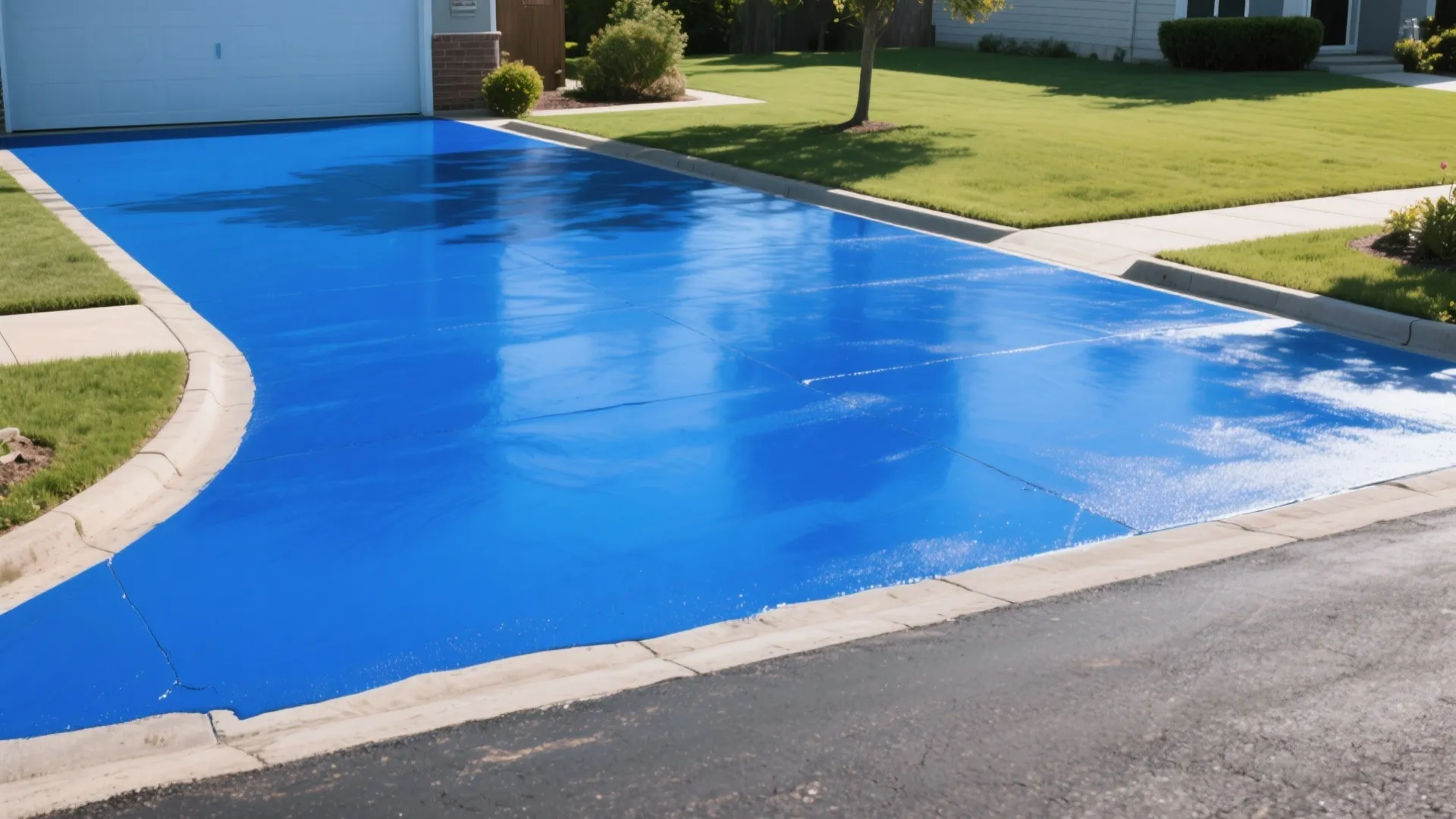 Bright blue colored asphalt driveway leading to a white garage door surrounded by green grass