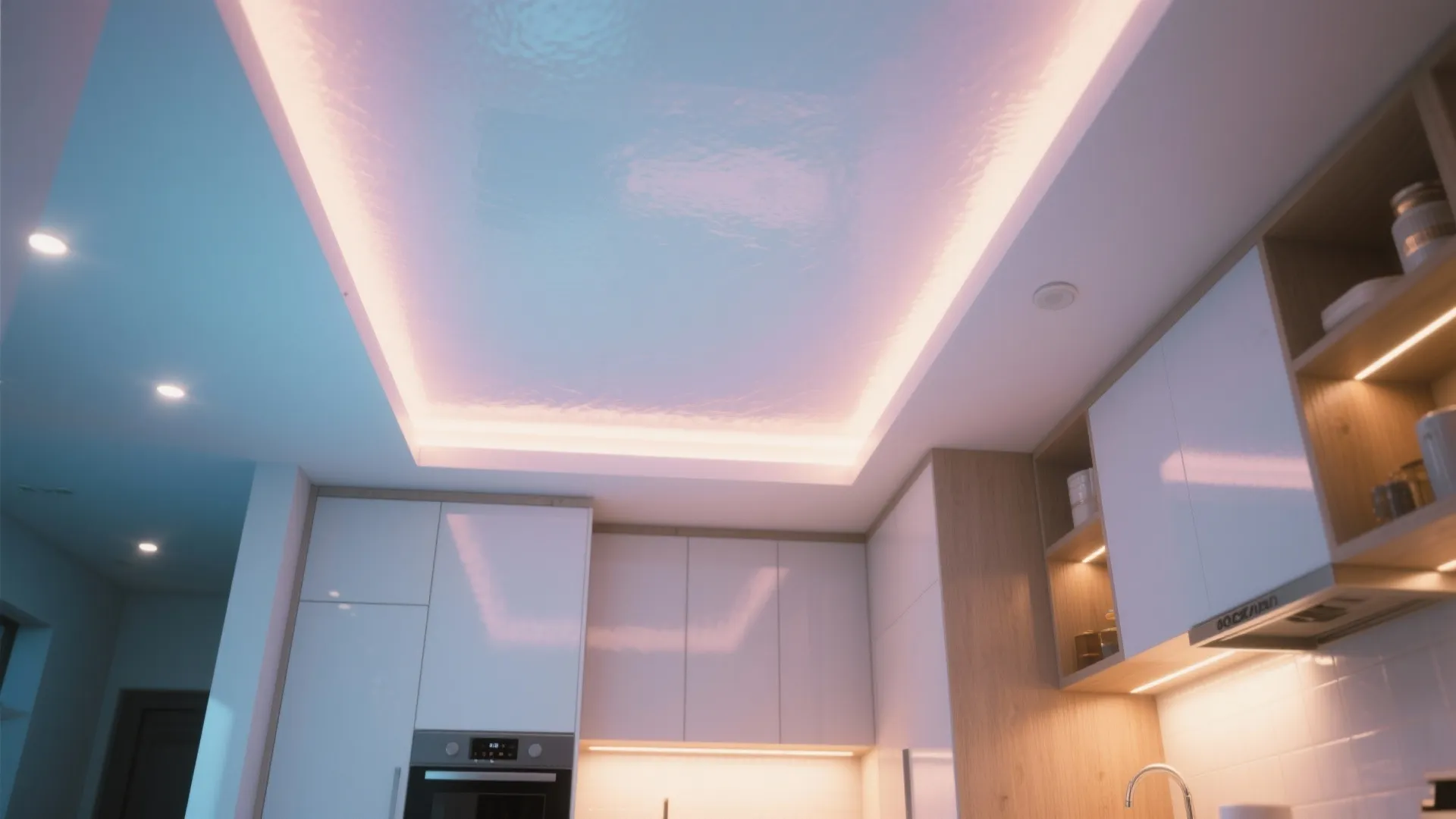 Compact kitchen with a subtly tinted glossy ceiling that reflects light to expand the room.